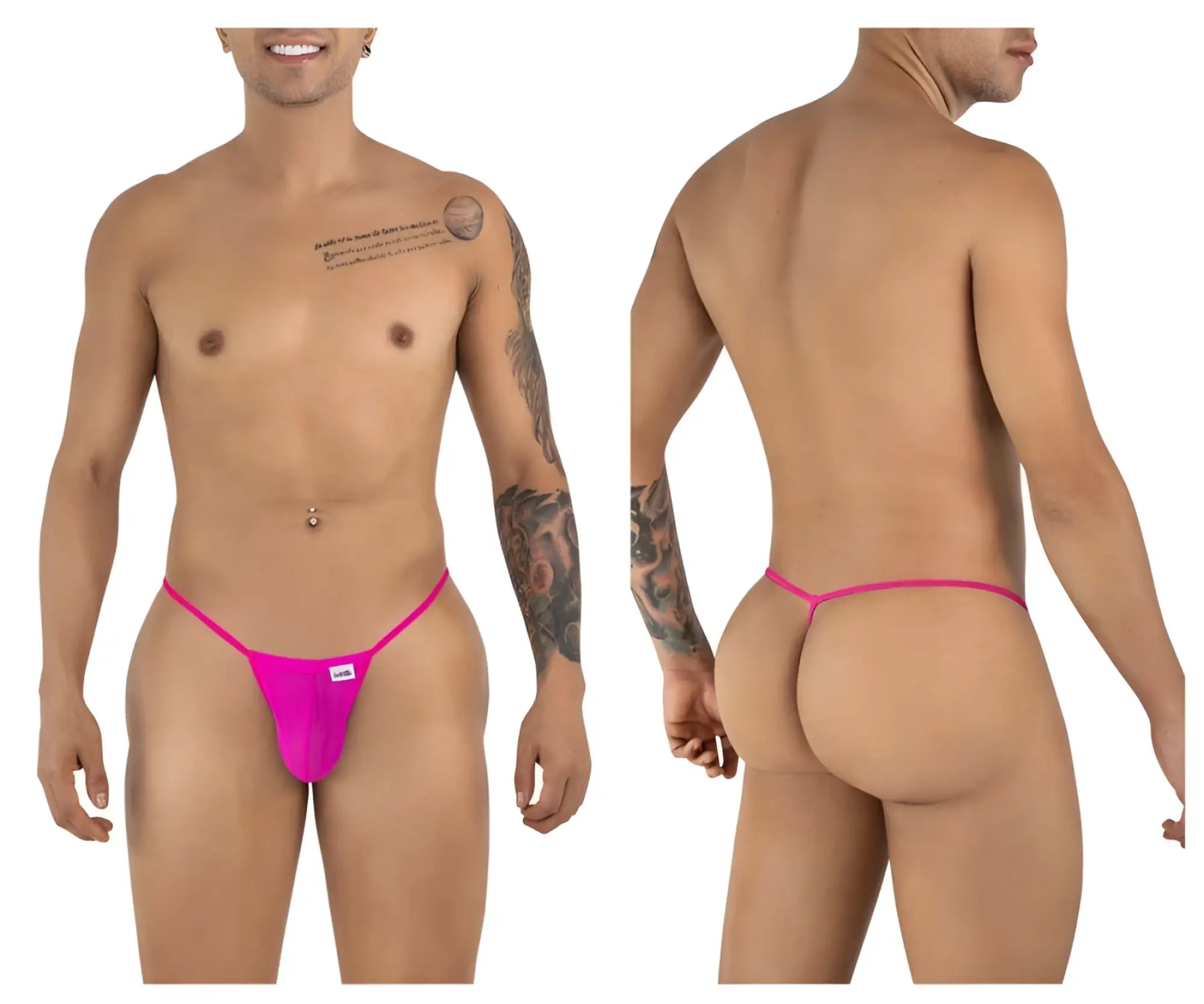 Bright pink form-fitting thong with a small white brand tag front candy man 9586 g-string color magenta mesh