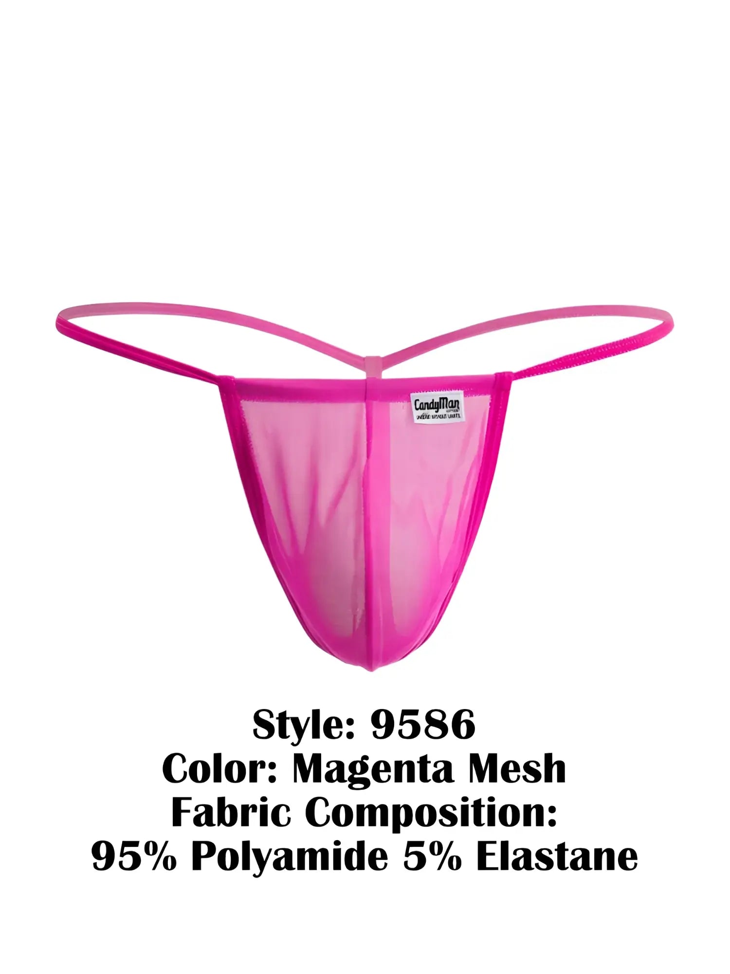 Magenta mesh thong g-string featuring sheer stretchy fabric and thin elastic bands showing the back side