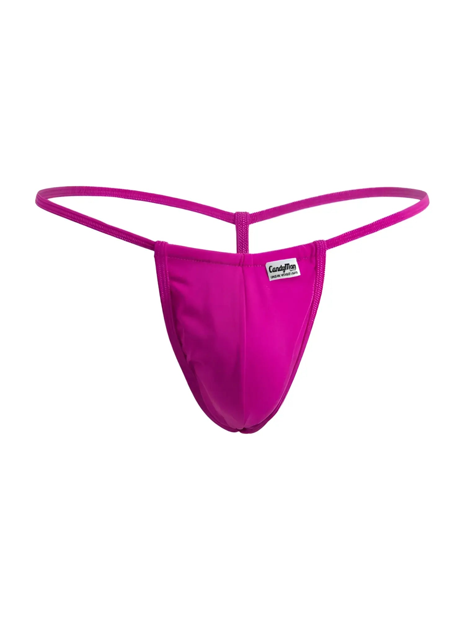 Vibrant fuchsia candyman 9586 g-string thong with smooth stretchy fabric and thin elastic straps shown from the back