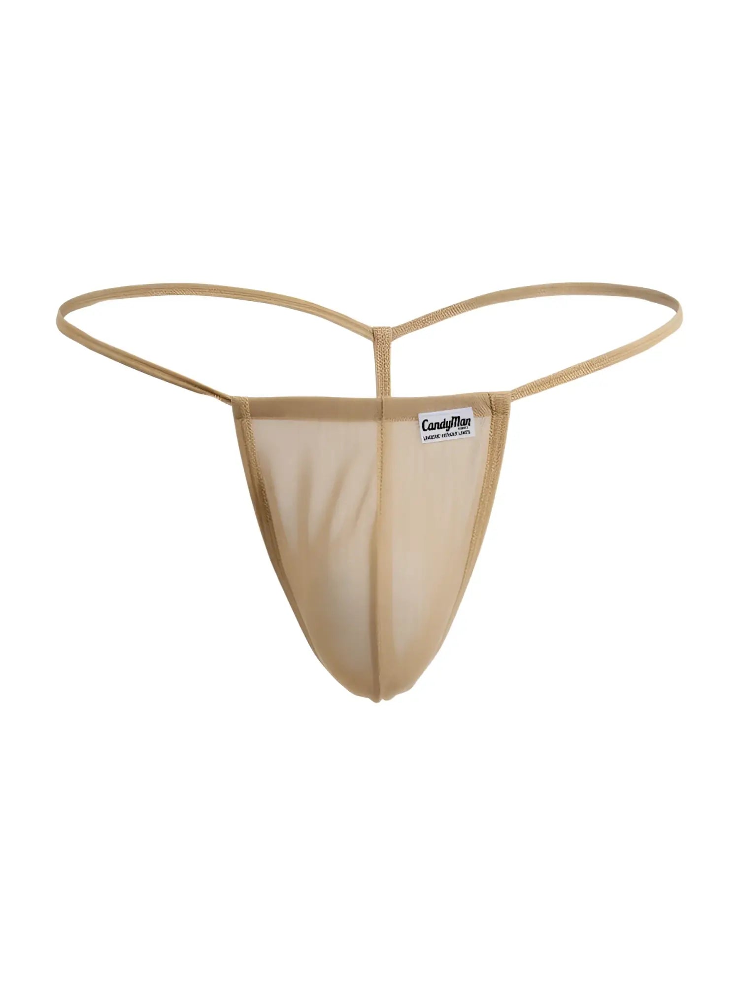 Beige CandyMan 9586 G-string thong with mocca mesh, thin elastic bands, and a small white front label