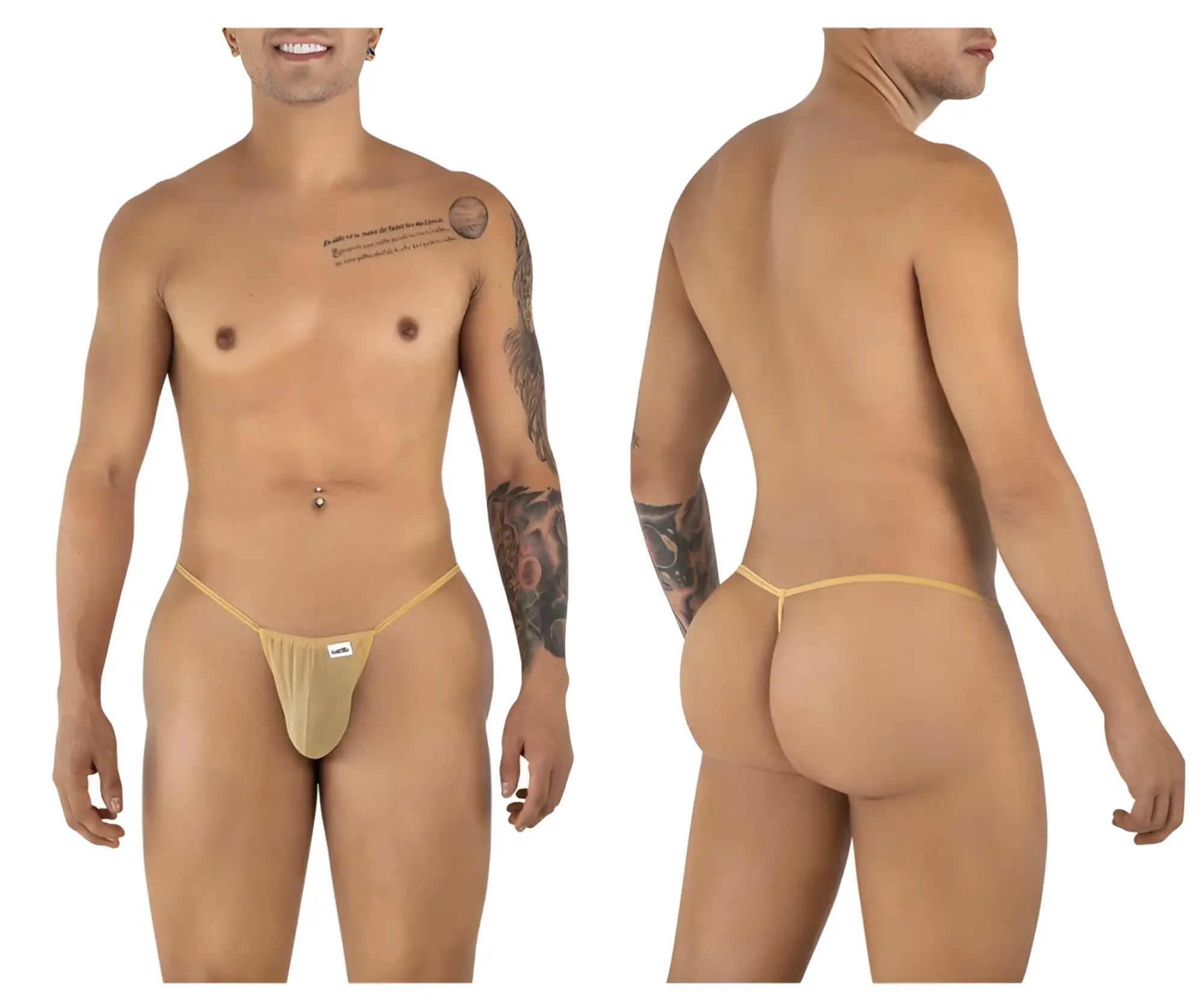 Beige candy man 9586 g string with thin elastic waistband and white brand tag in mocca mesh material