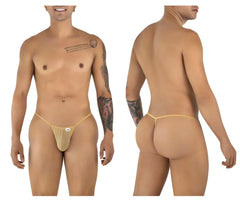 Beige candy man 9586 g string with thin elastic waistband and white brand tag in mocca mesh material
