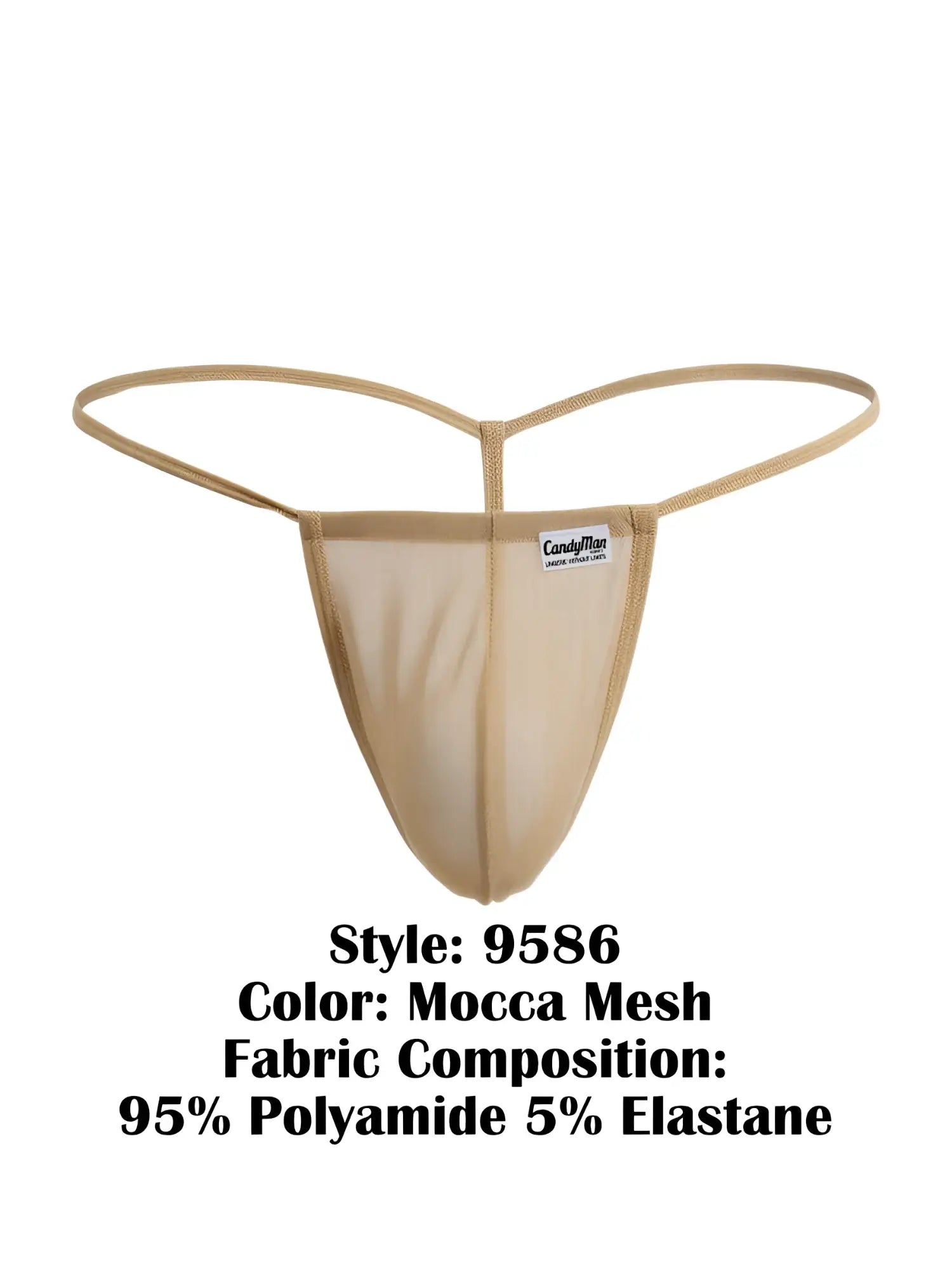 Beige candy man 9586 g-string mocca mesh thong with thin supportive straps and branded label front view