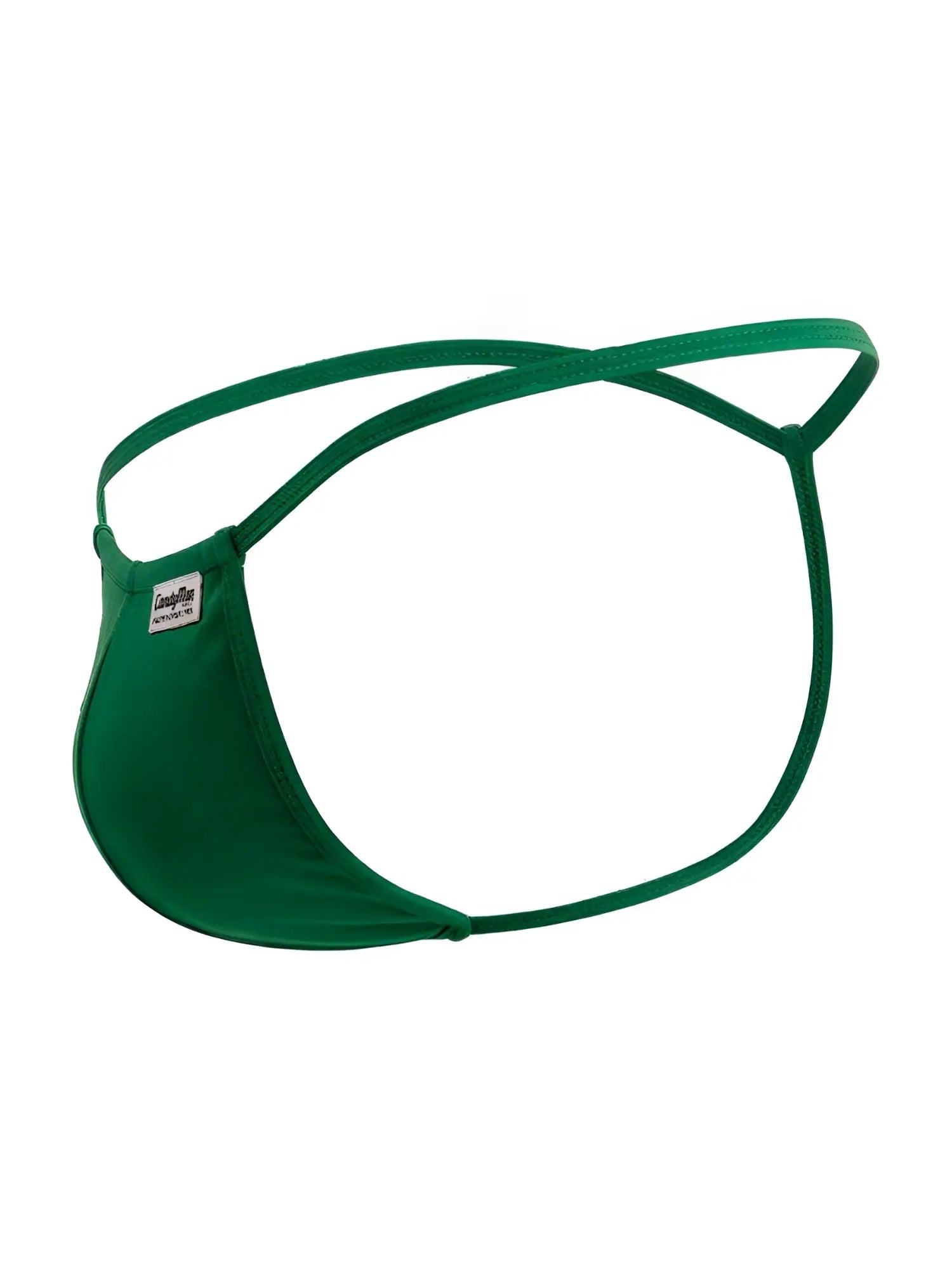 CandyMan 9586 green fabric thong with thin intersecting straps and small brand tag on the side