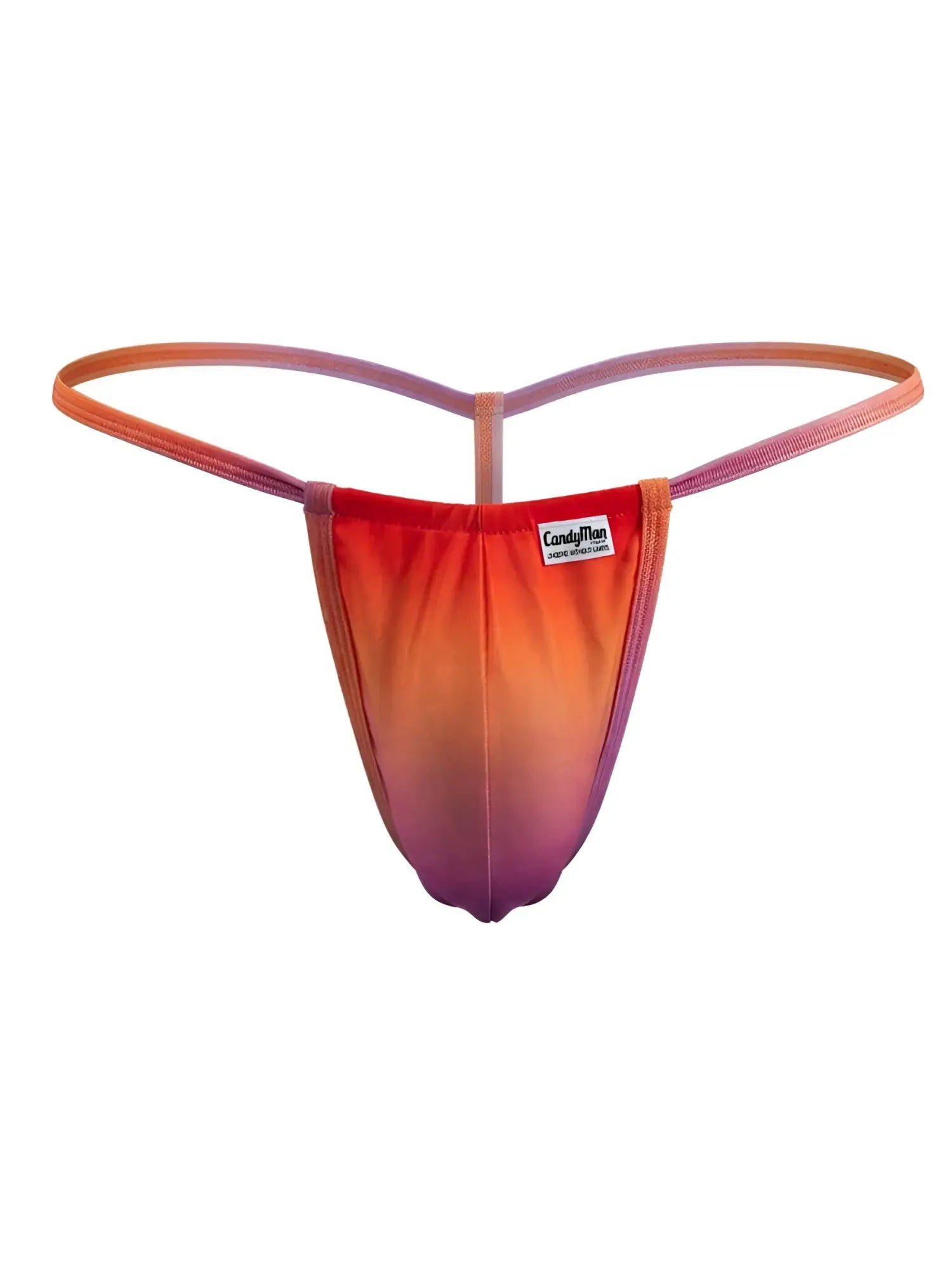 CandyMan 9586 G-string in vibrant orange to purple gradient with sleek stretchy fabric design, front view
