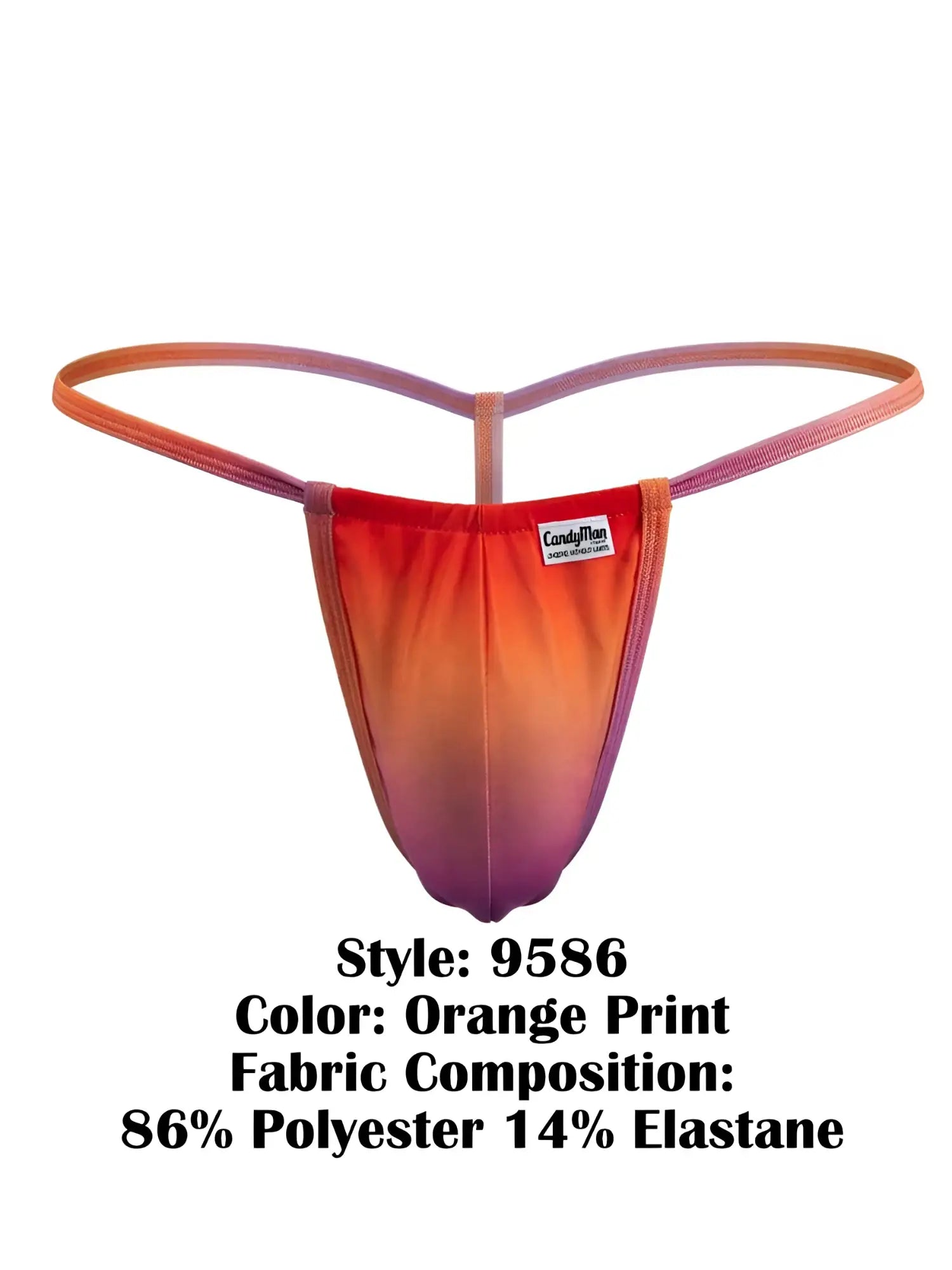 Vibrant orange to purple gradient candyMan 9586 g-string thong made of 86 polyester 14 elastane with brand label