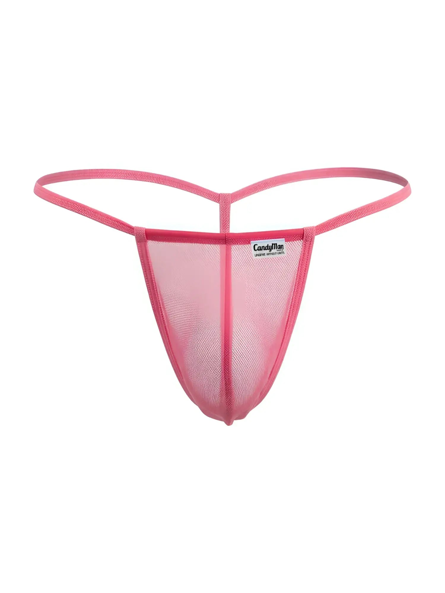 Pink mesh thong g-string candyMan 9586 with branded label showing front side in vibrant pink mesh material