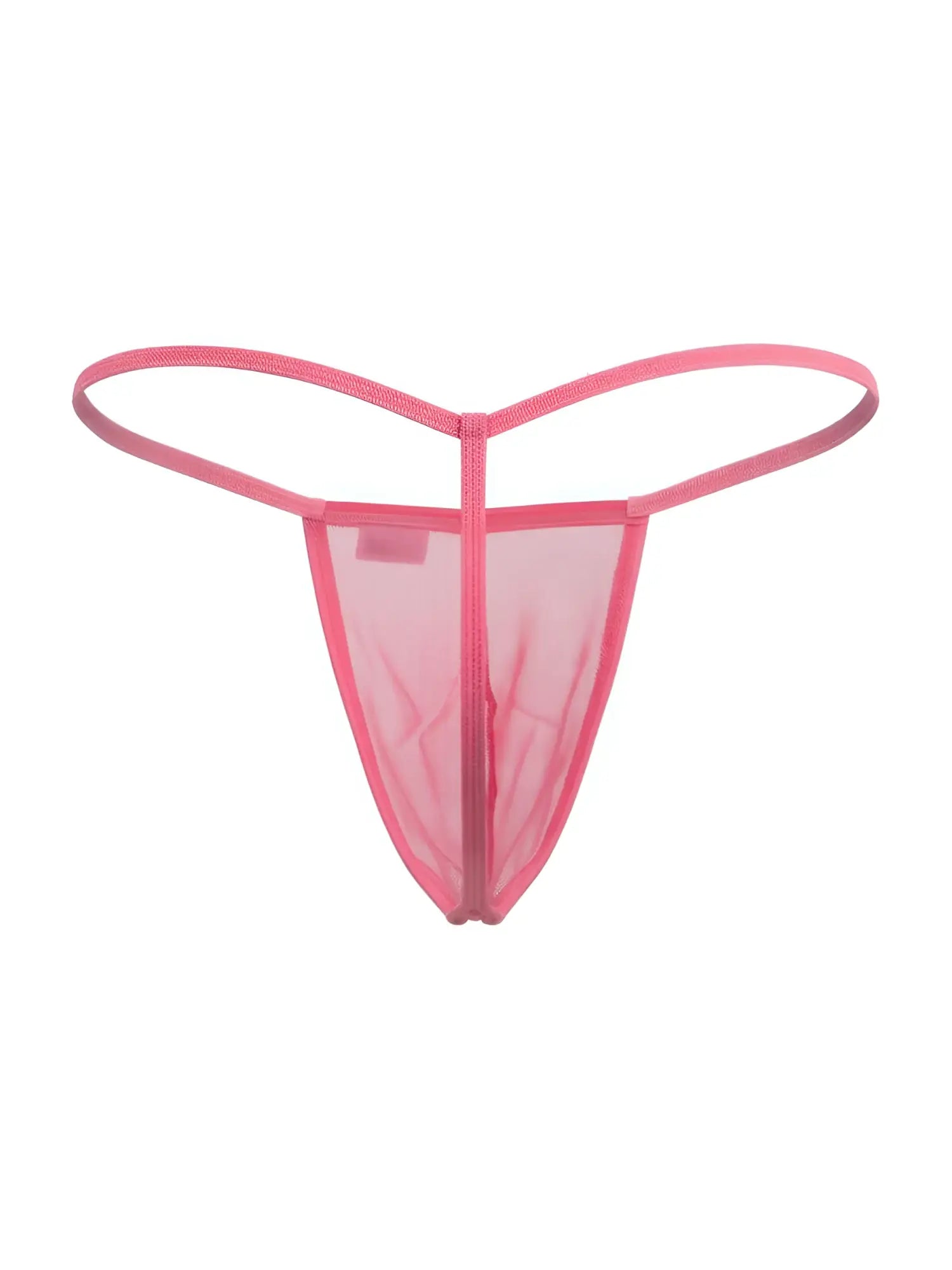 Pink mesh candyMan 9586 g-string thong with central zipper and thin curved straps shown from the back side