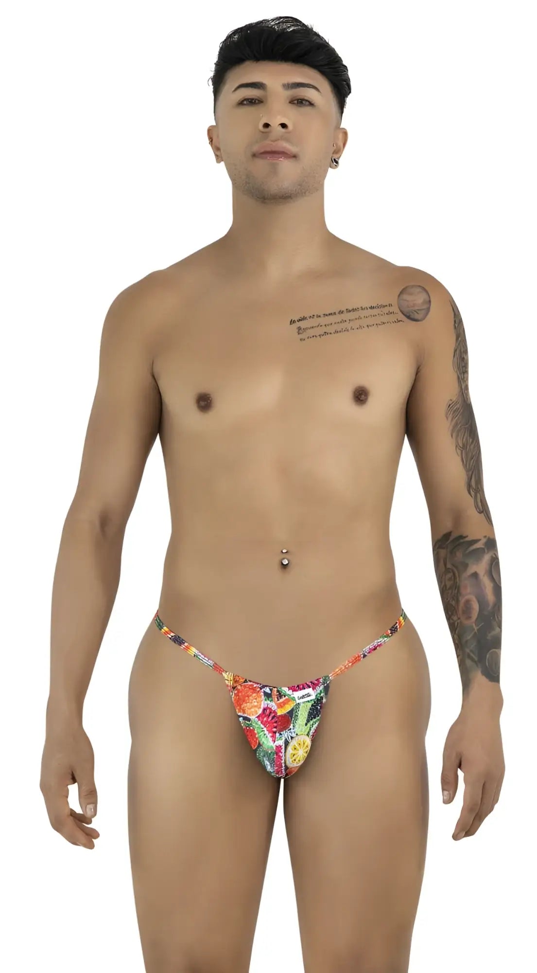 Vibrant tropical-patterned CandyMan 9586 g-string thong with colorful floral and fruit design in bright colors