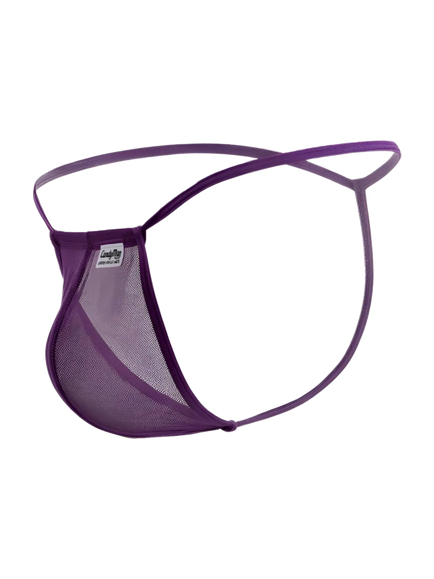 Purple mesh candy man 9586 g-string thong with thin crisscrossing elastic straps and branded tag