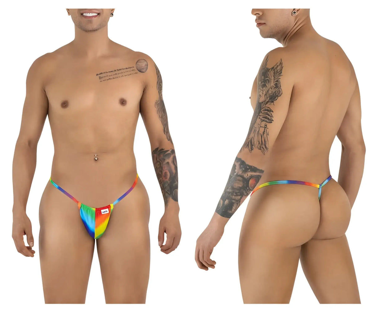 CandyMan 9586 g-string rainbow print stretchy fabric thong with small red and white brand tag visible