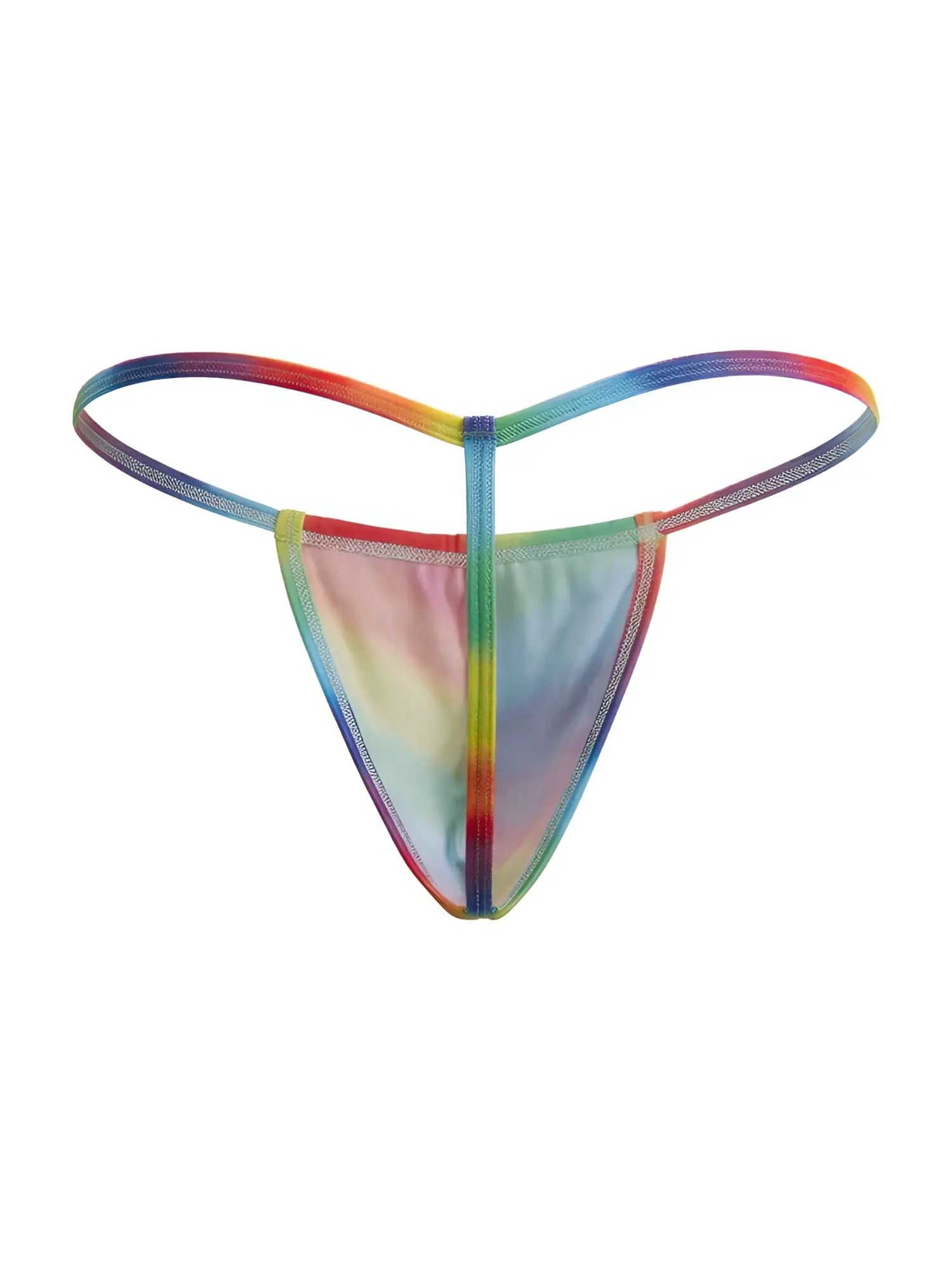 CandyMan 9586 g-string rainbow print mesh thong with sheer translucent fabric and colorful tie-dye gradient design