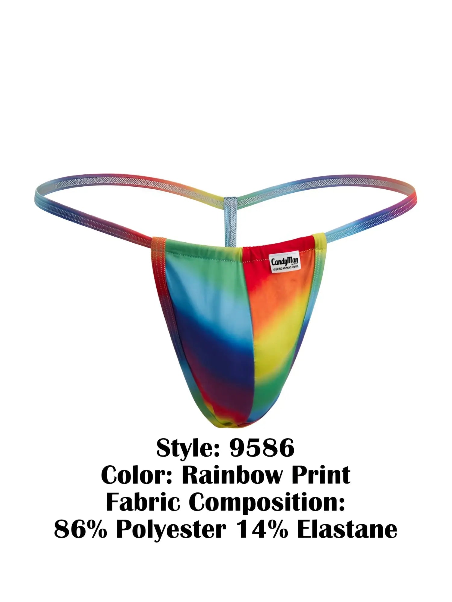 CandyMan 9586 g-string thong in rainbow tie-dye print made of stretchy polyester elastane blend shown from the back