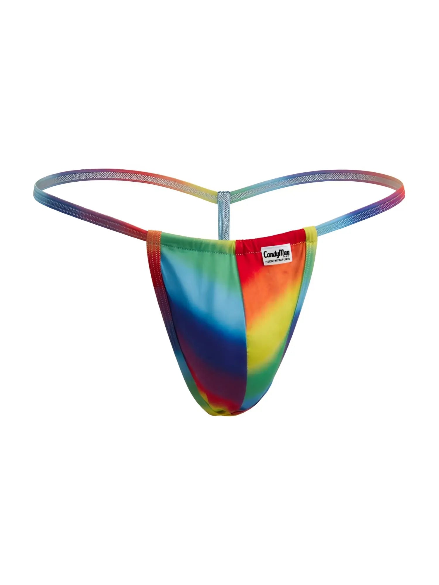 Rainbow tie-dye CandyMan 9586 G-string thong with colorful gradient pattern and elasticized waistband
