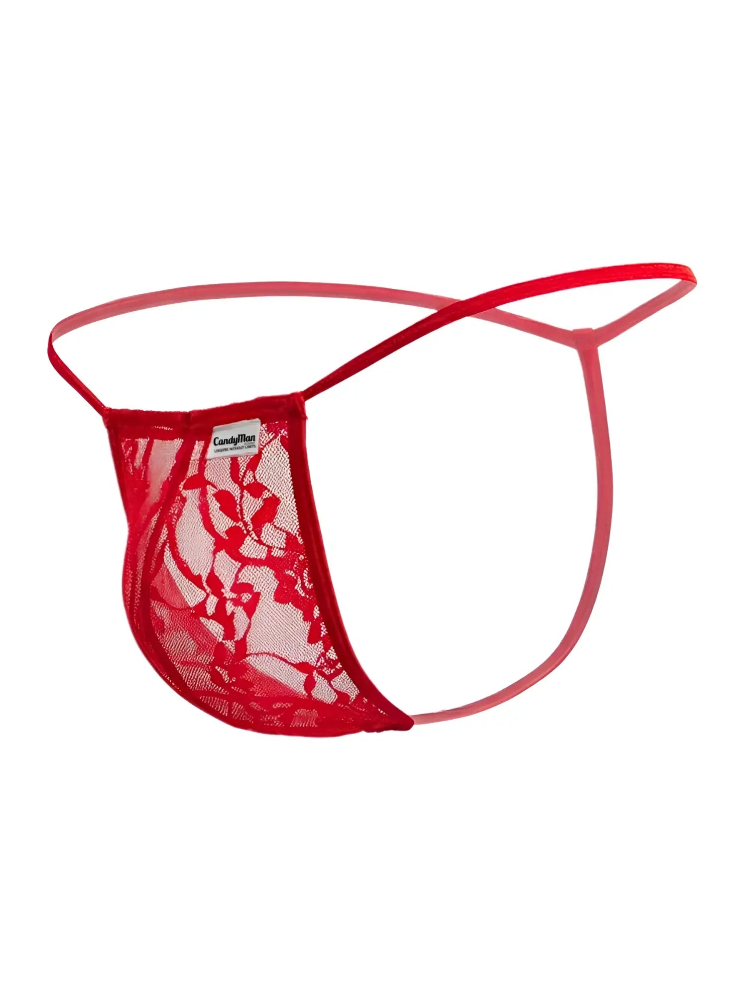Red lace thong candy man 9586 g-string with delicate floral pattern and thin matching elastic straps front view