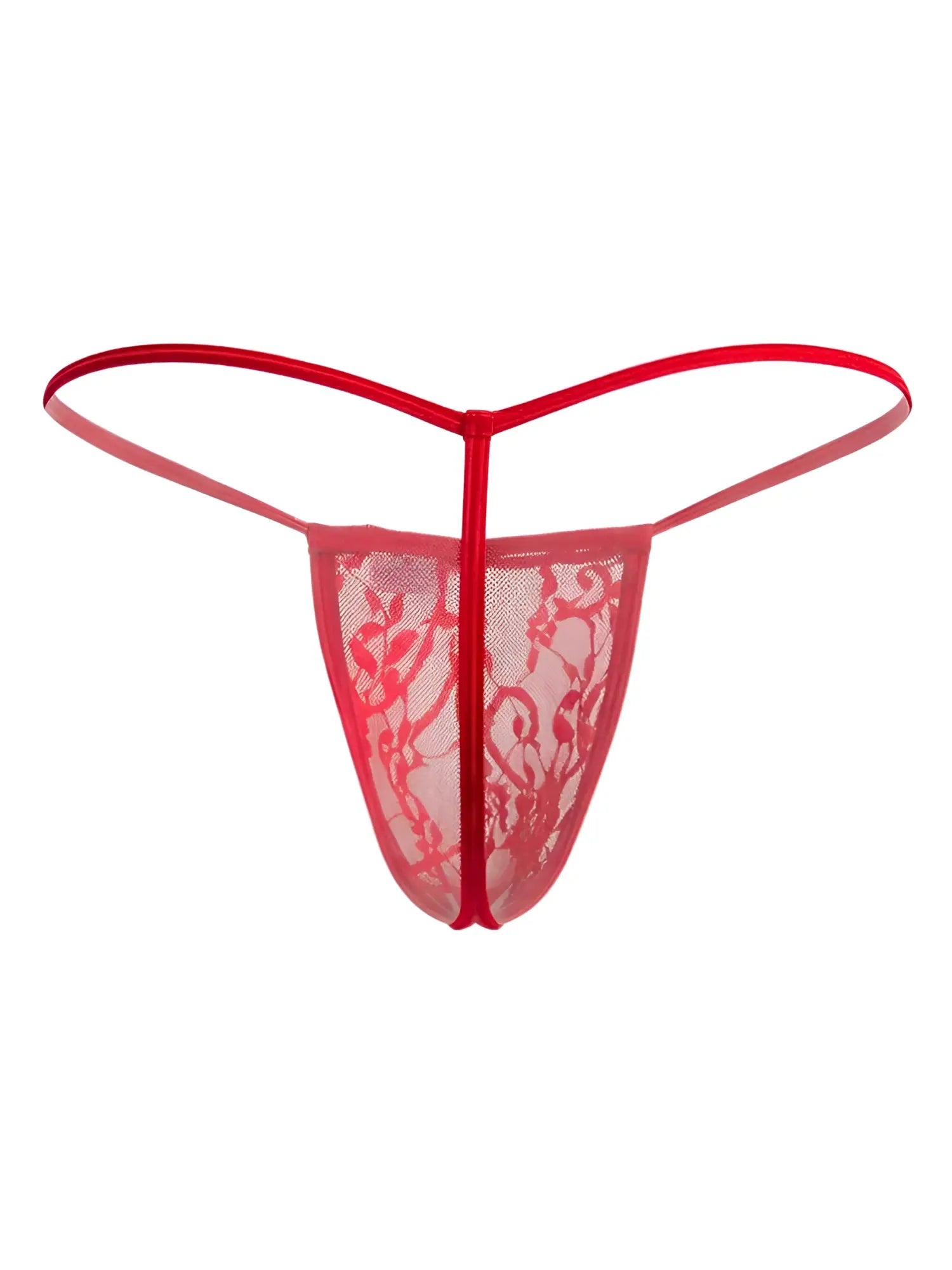 Red lace CandyMan 9586 G-string thong with sheer mesh and delicate floral patterns shown from the back side