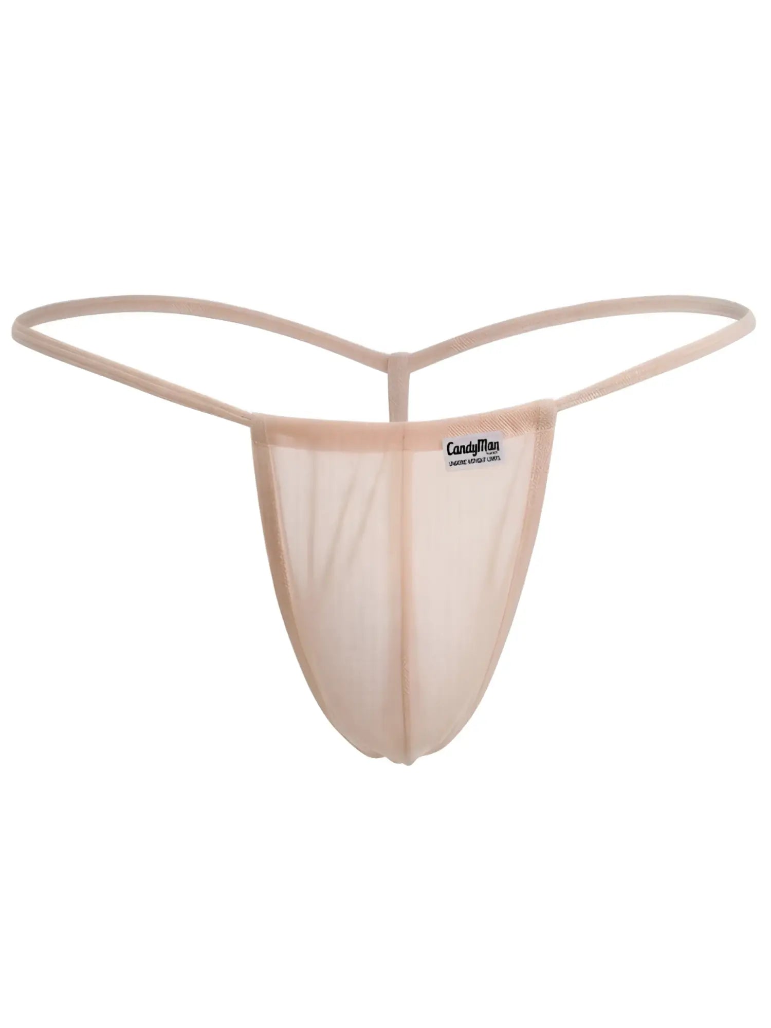 Beige mesh thong with thin elastic straps and small candyman label from the CandyMan 9586 G-String tangerine mesh line