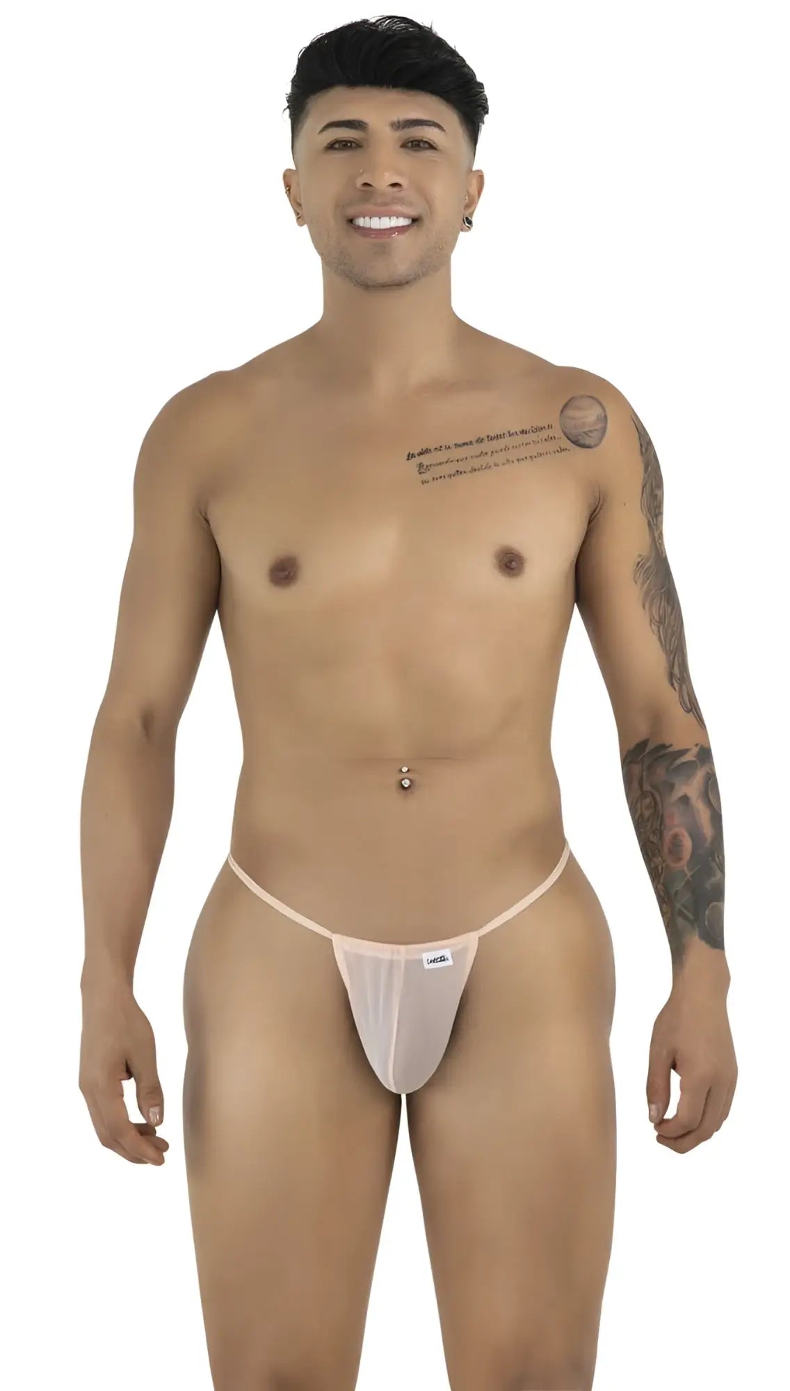 CandyMan 9586 g-string in tangerine sheer mesh with a thin waistband and small brand tag on the front