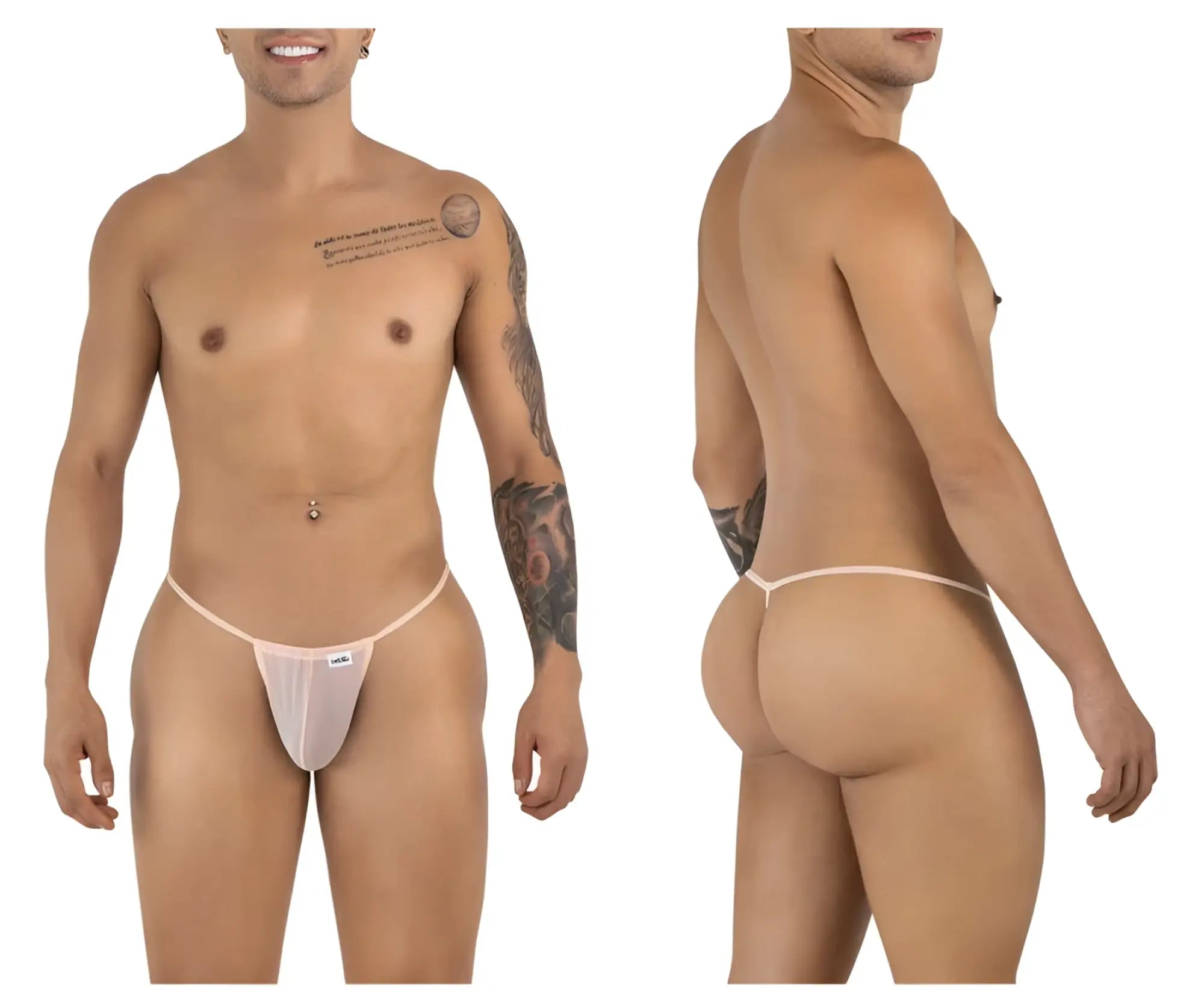 CandyMan 9586 sheer light pink mesh thong with minimalist design and small front brand tag