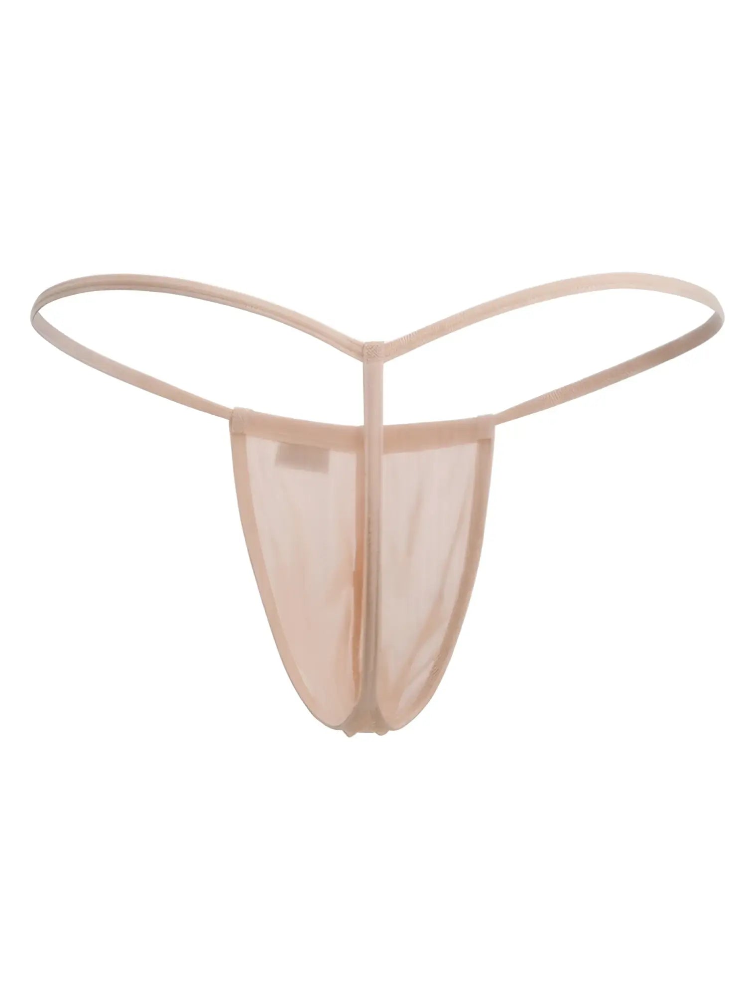 CandyMan 9586 tangerine mesh g-string thong with sheer nude-colored mesh and thin elastic straps shown from back