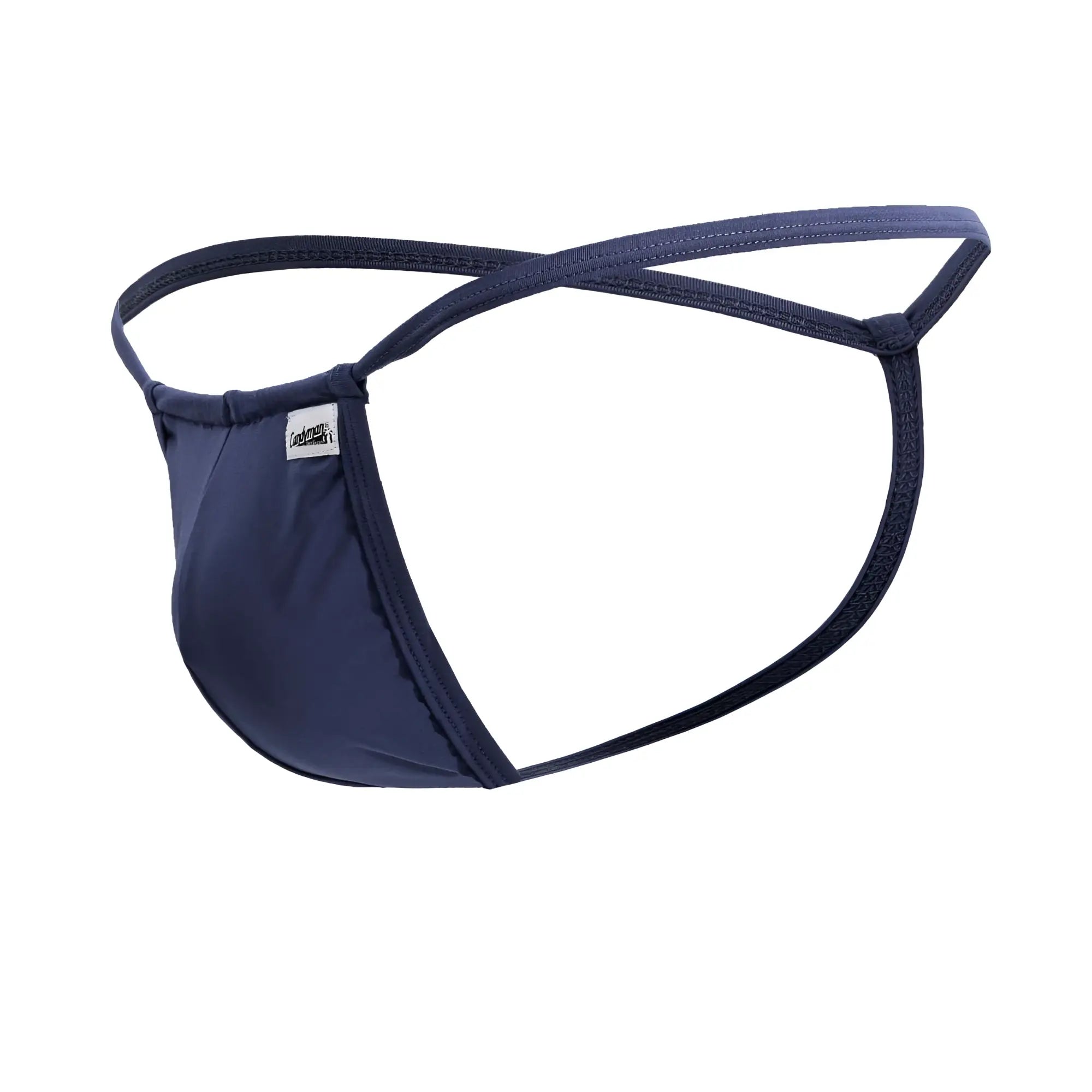 Navy blue candy man 9586 g-string thong with thin crossed elastic straps and small brand tag on the side
