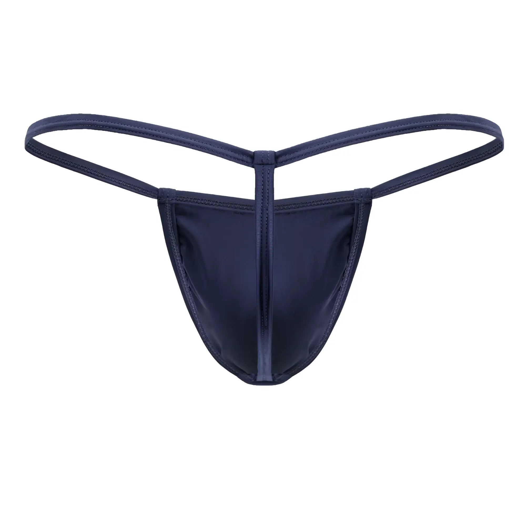 Navy blue satin candy man 9586 g-string thong with central seam and thin matching fabric straps