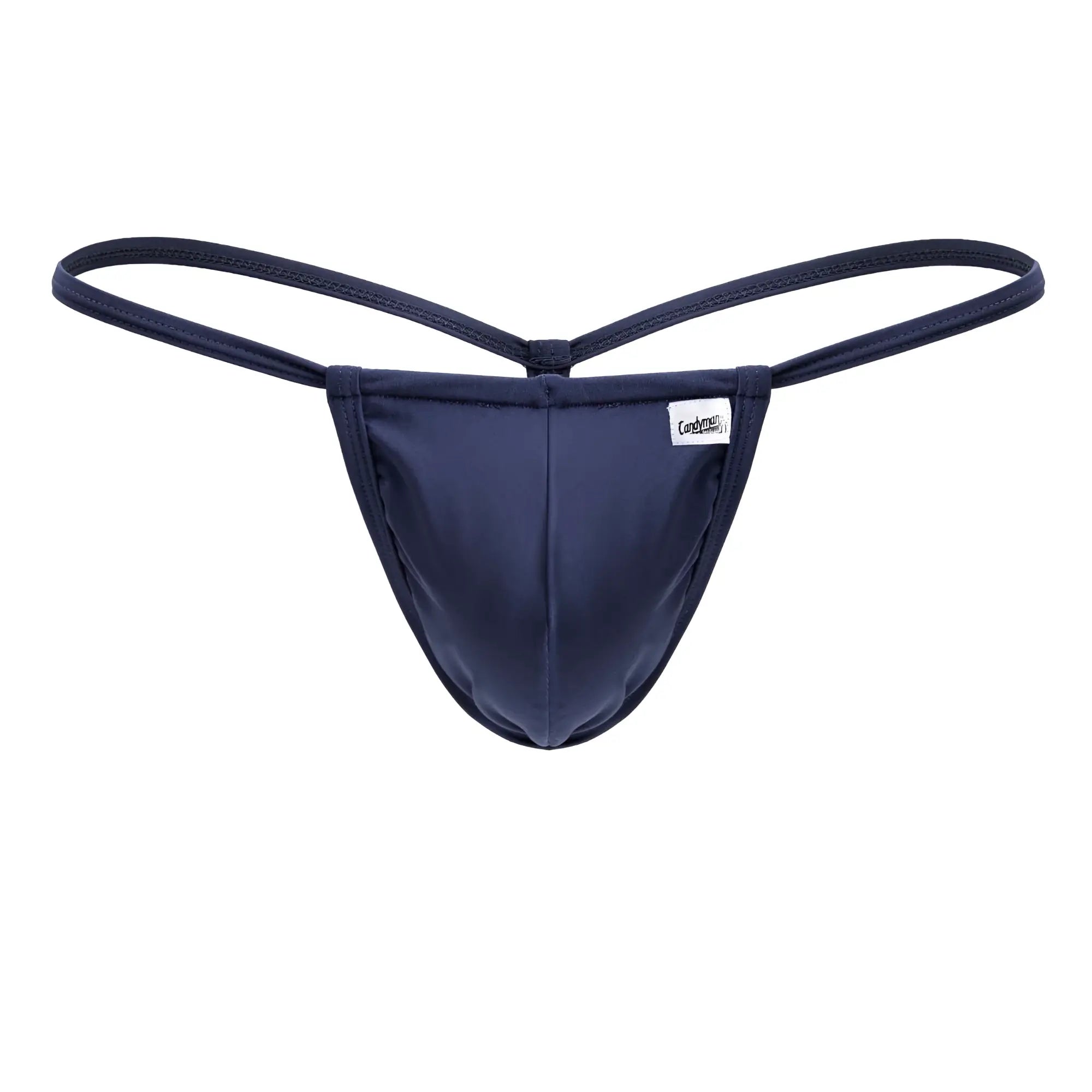 Navy blue candy man 9586 g-string thong with thin fabric straps and a small white brand tag on the front