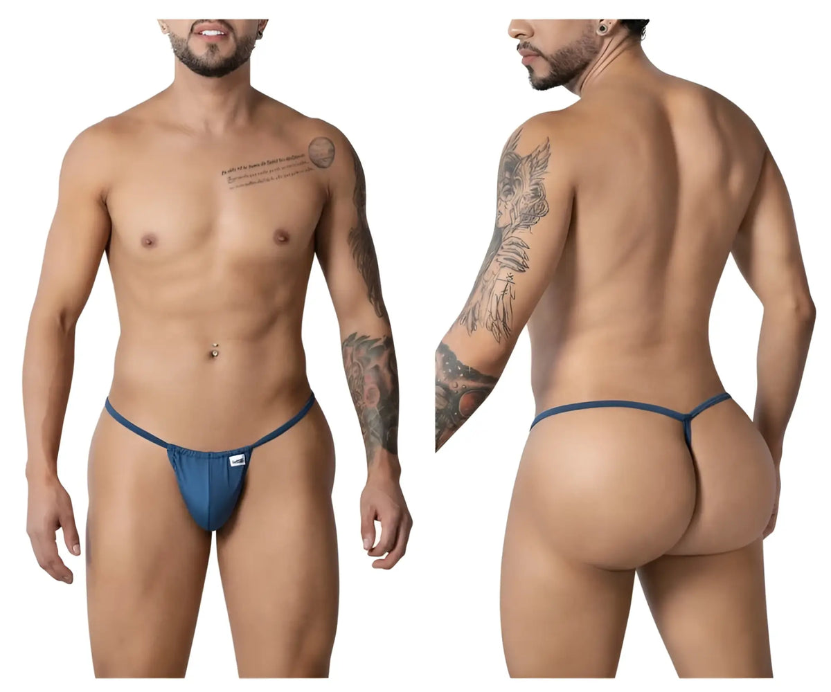 Blue CandyMan 9586 g-string thong with a small white logo on the front in petrol blue color