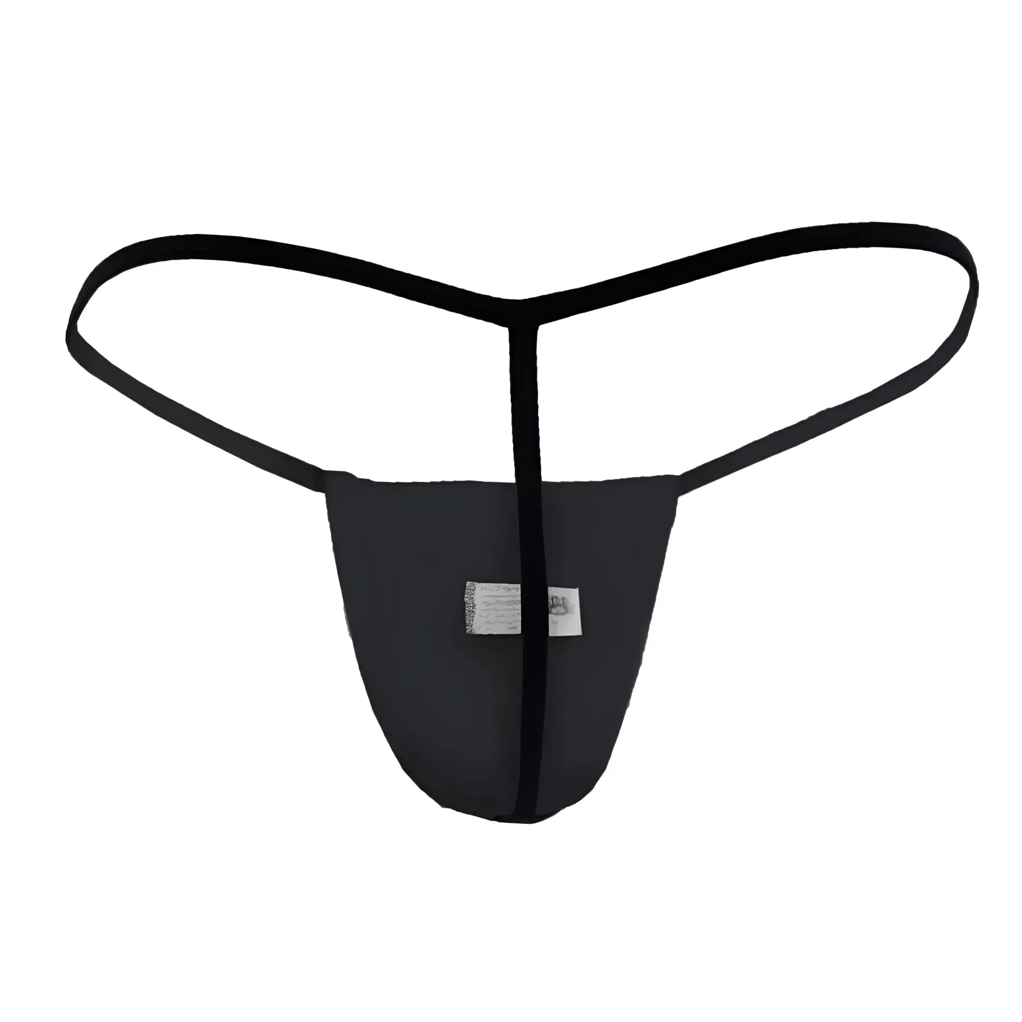 Black thong candy man 9586 made of smooth stretchy fabric with central seam and thin elastic straps shown from back side