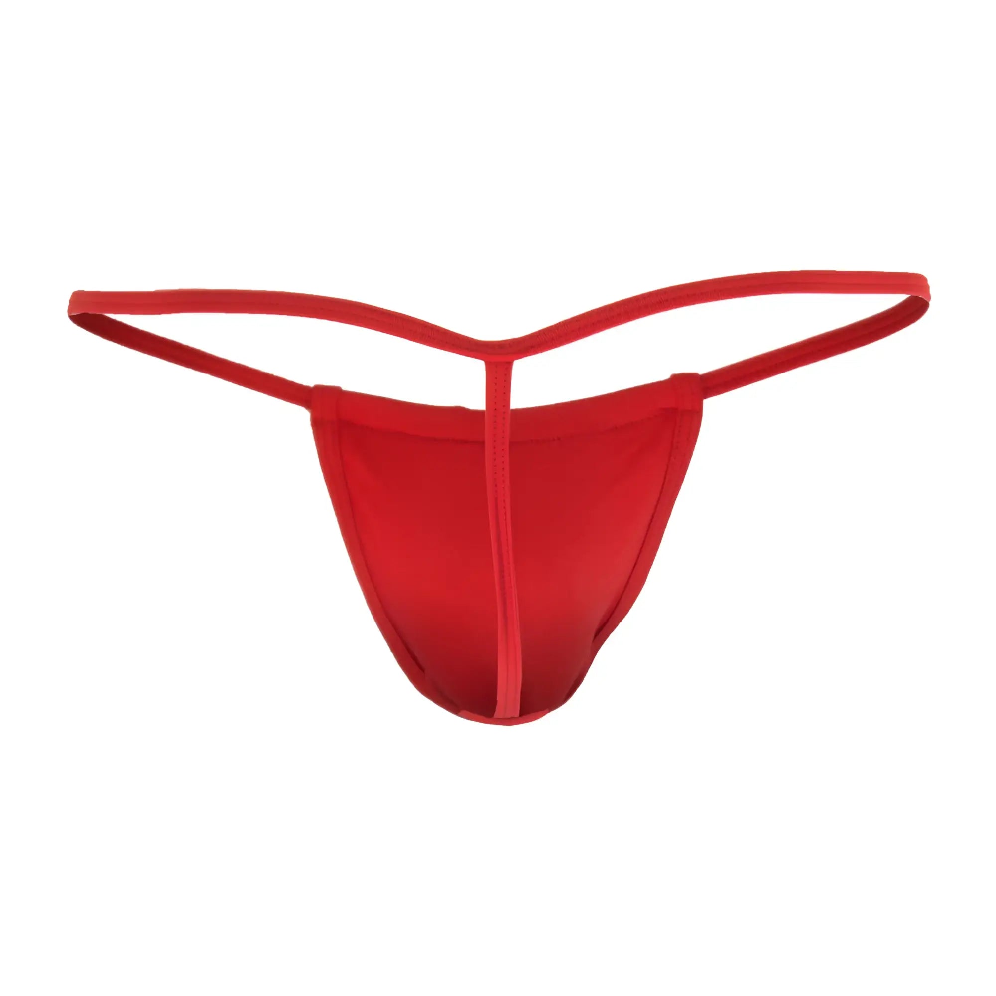 Red CandyMan 9586 thong made of smooth stretchy fabric with thin straps and simple design shown from the back side