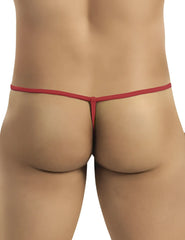 Red thong CandyMan 9586 with thin smooth fabric waistband and back strap shown from the back side