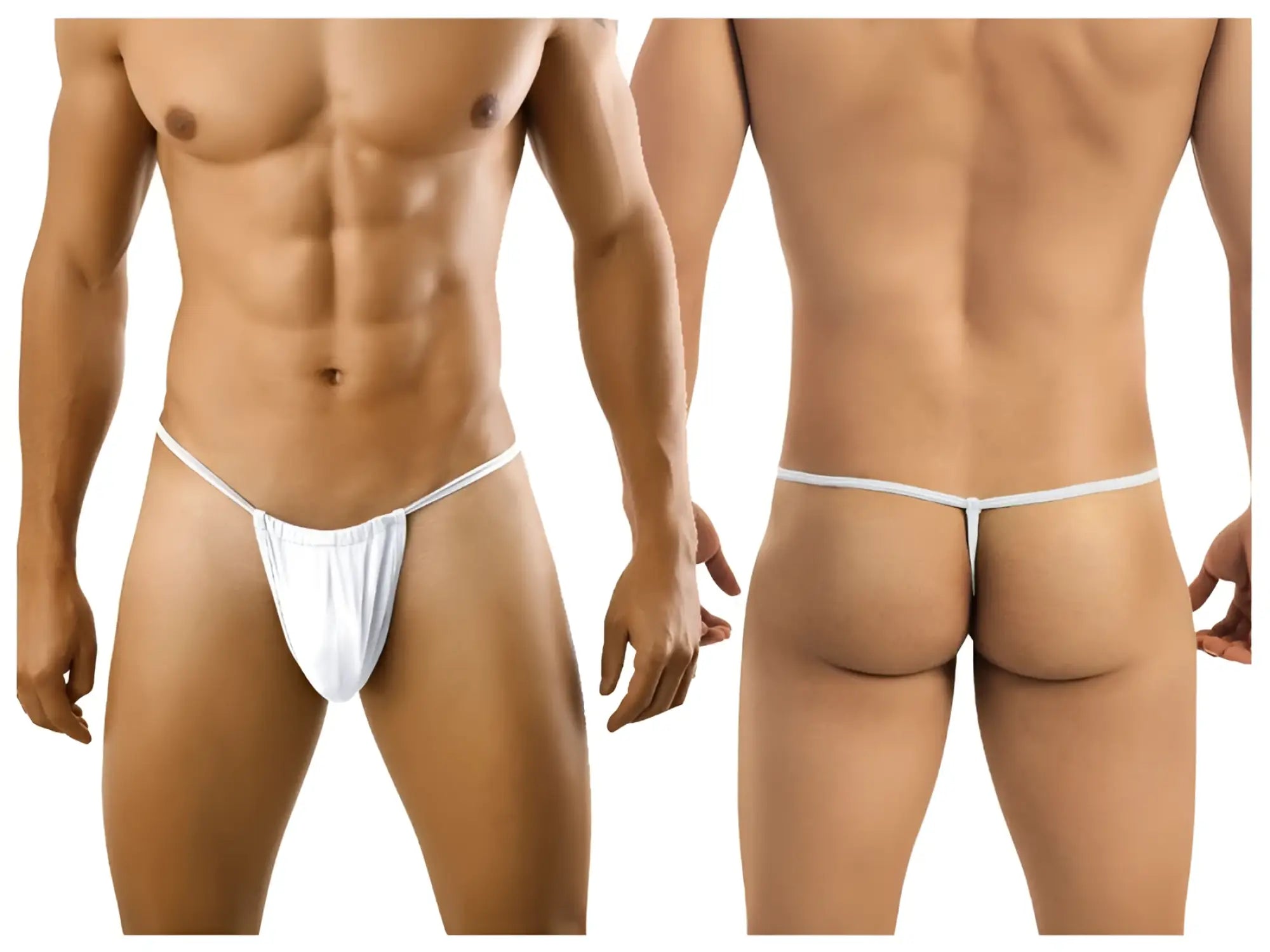 White cotton CandyMan 9586 thong with thin waistband and back strap shown from the back side