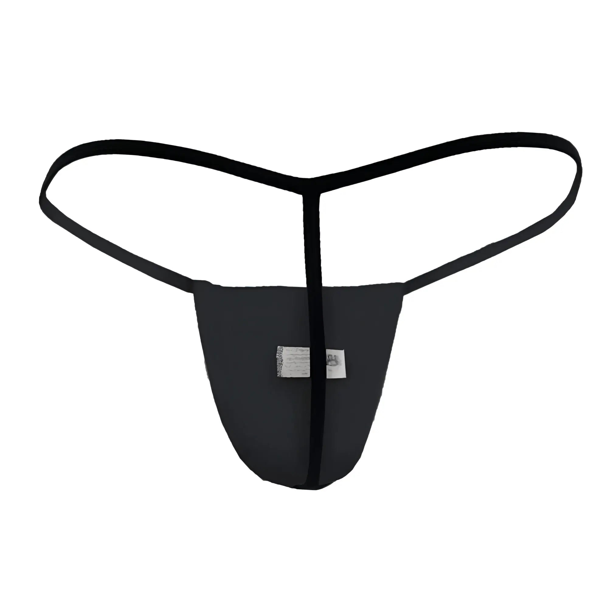 Black thong CandyMan 9586X made of smooth stretchy fabric with central seam and thin elastic straps showing front view