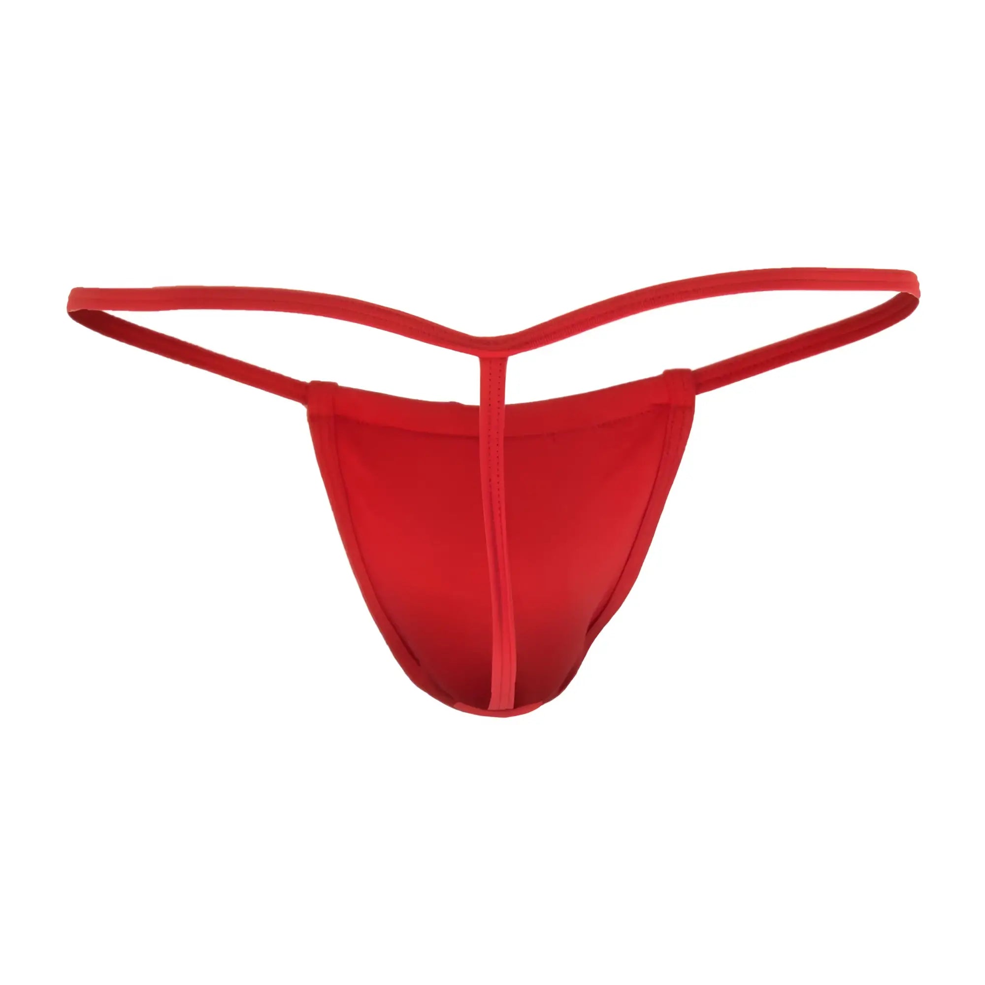 Red thong candy man 9586x made of smooth stretchy fabric with simple design and thin straps shown from the back