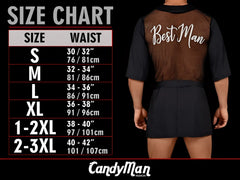 Black mesh best man vest with white script worn over black shirt and shorts from candyman 9646 bowtie and cuffs only