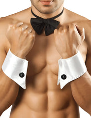 Black satin CandyMan 9646 bowtie and choker with white satin cufflinks featuring black buttons