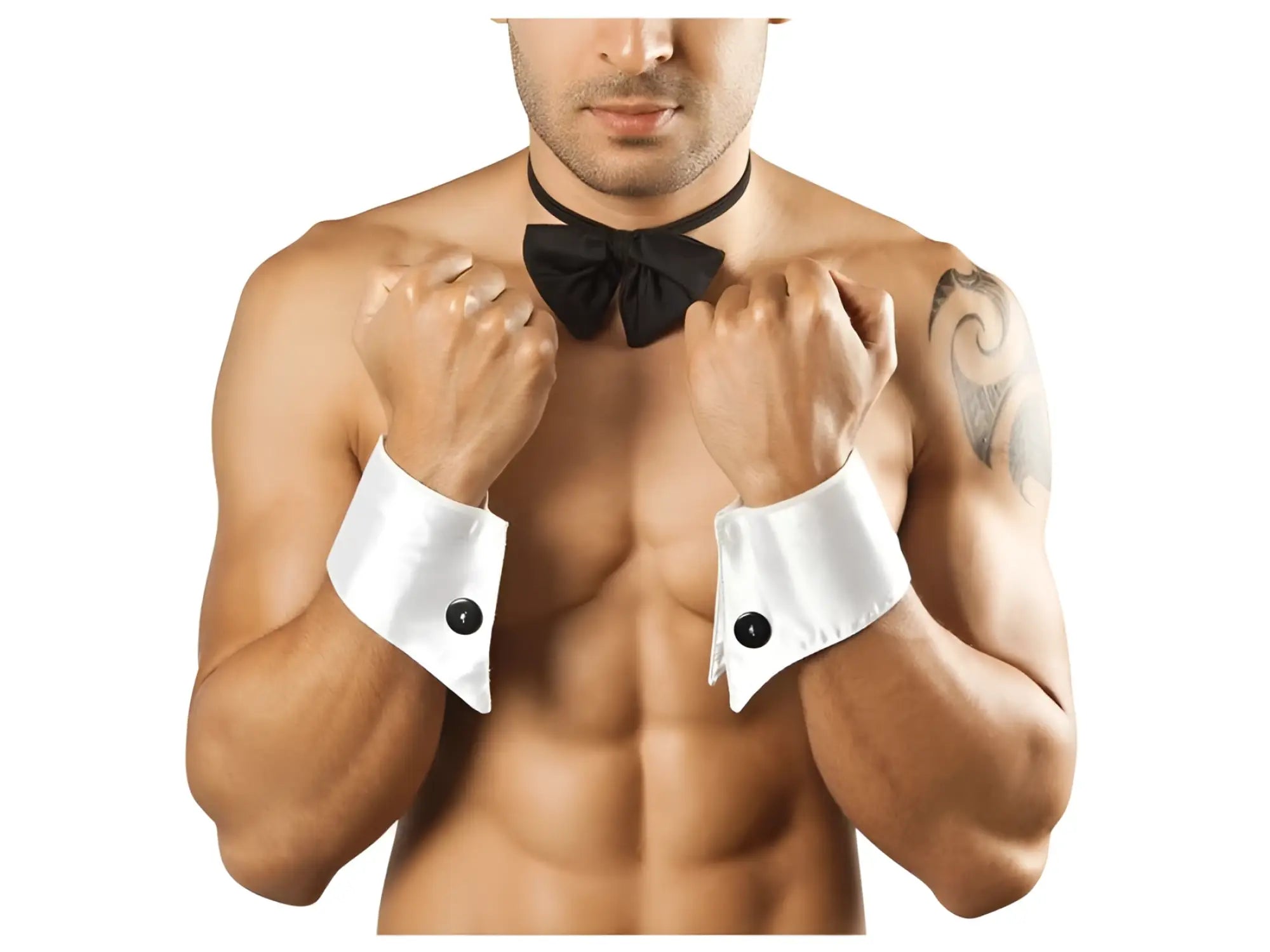 White satin cufflinks with black button accents from candyman 9646 bowtie and cuffs only color only set