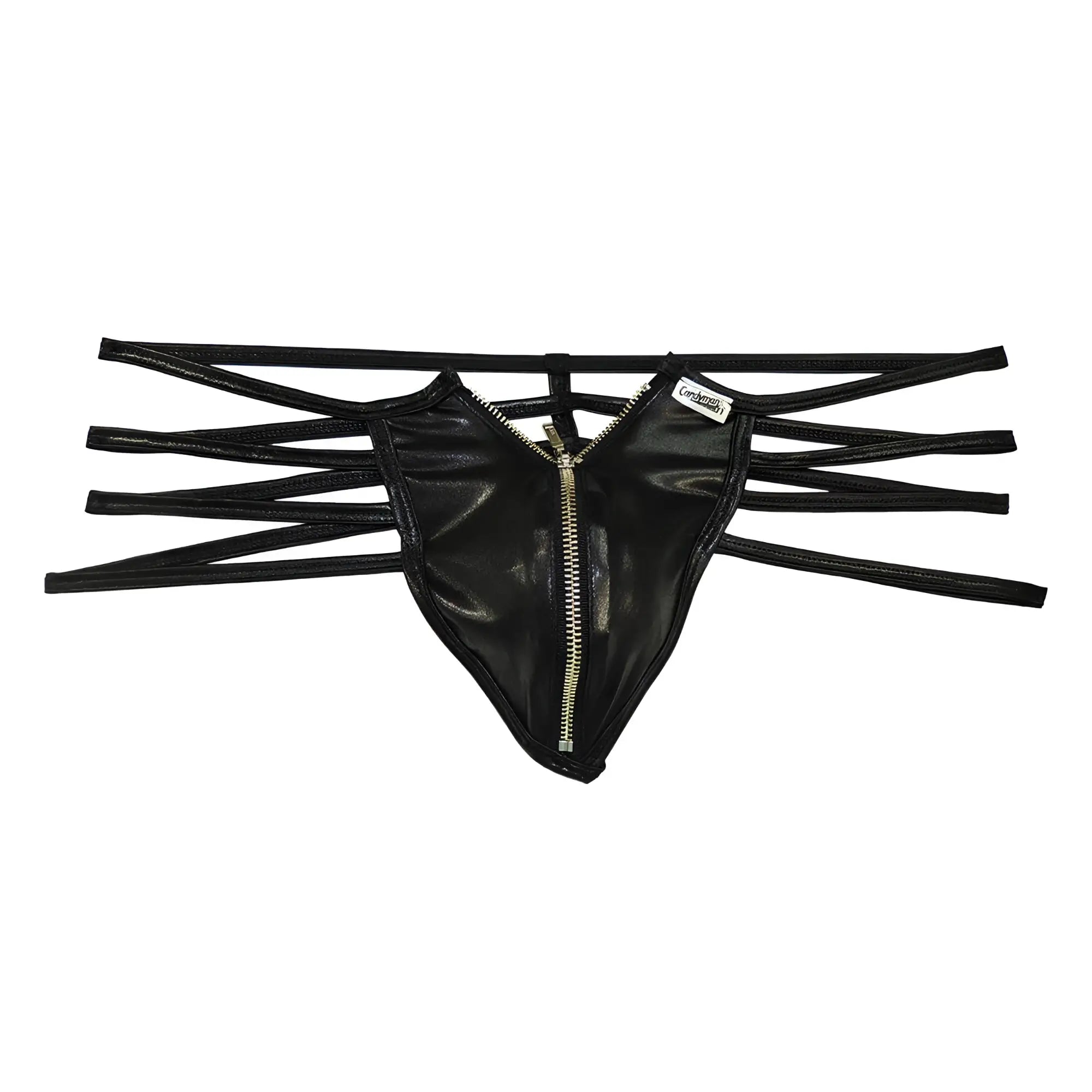 CandyMan 99140 black faux leather thong with central zipper and multiple thin straps for a bold look