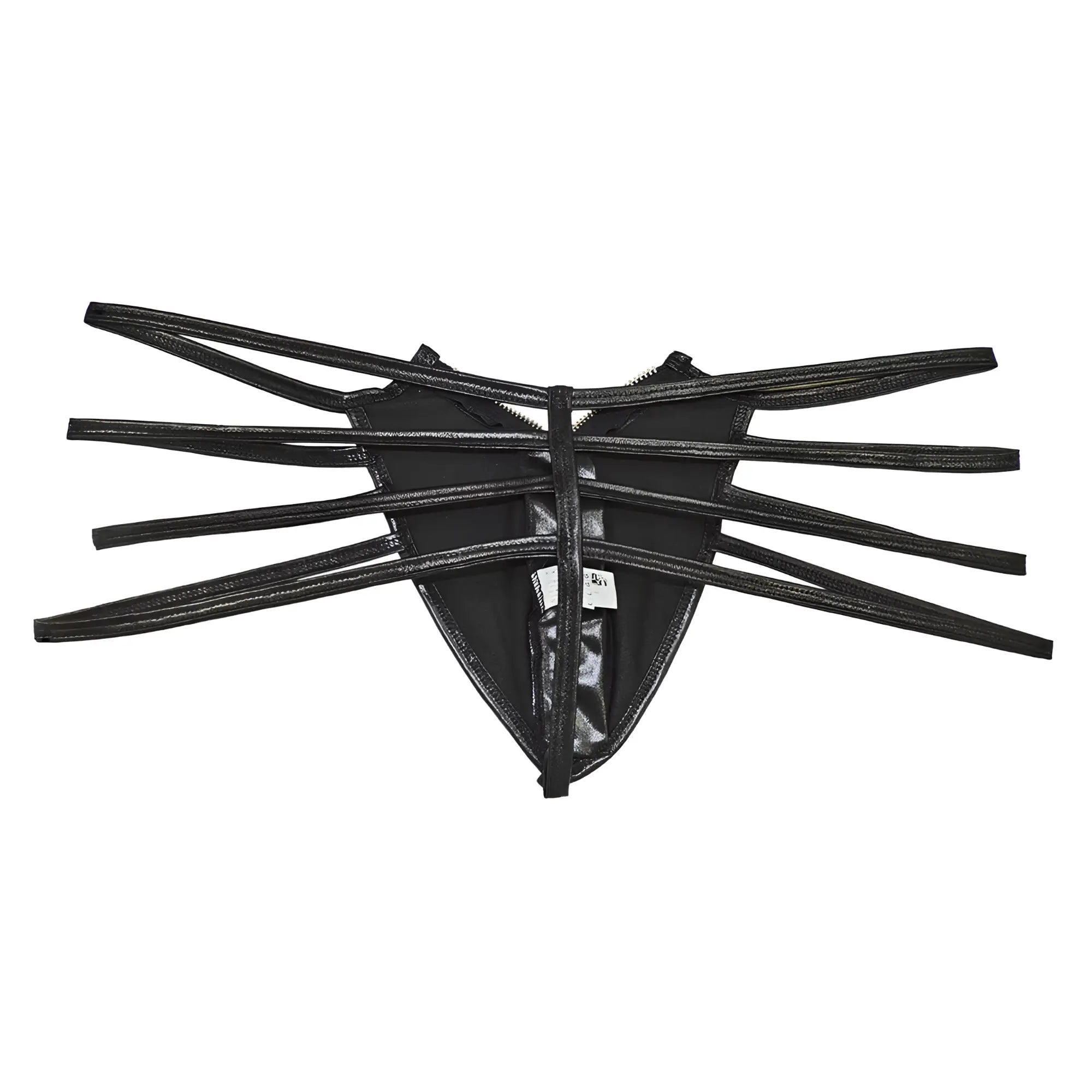 Black glossy faux leather thong candy man 99140 with multiple thin straps radiating from the center