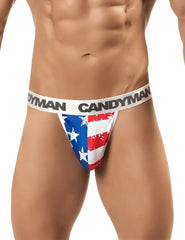 CandyMan 99154 patriotic thong with American flag print and white elastic waistband with black lettering