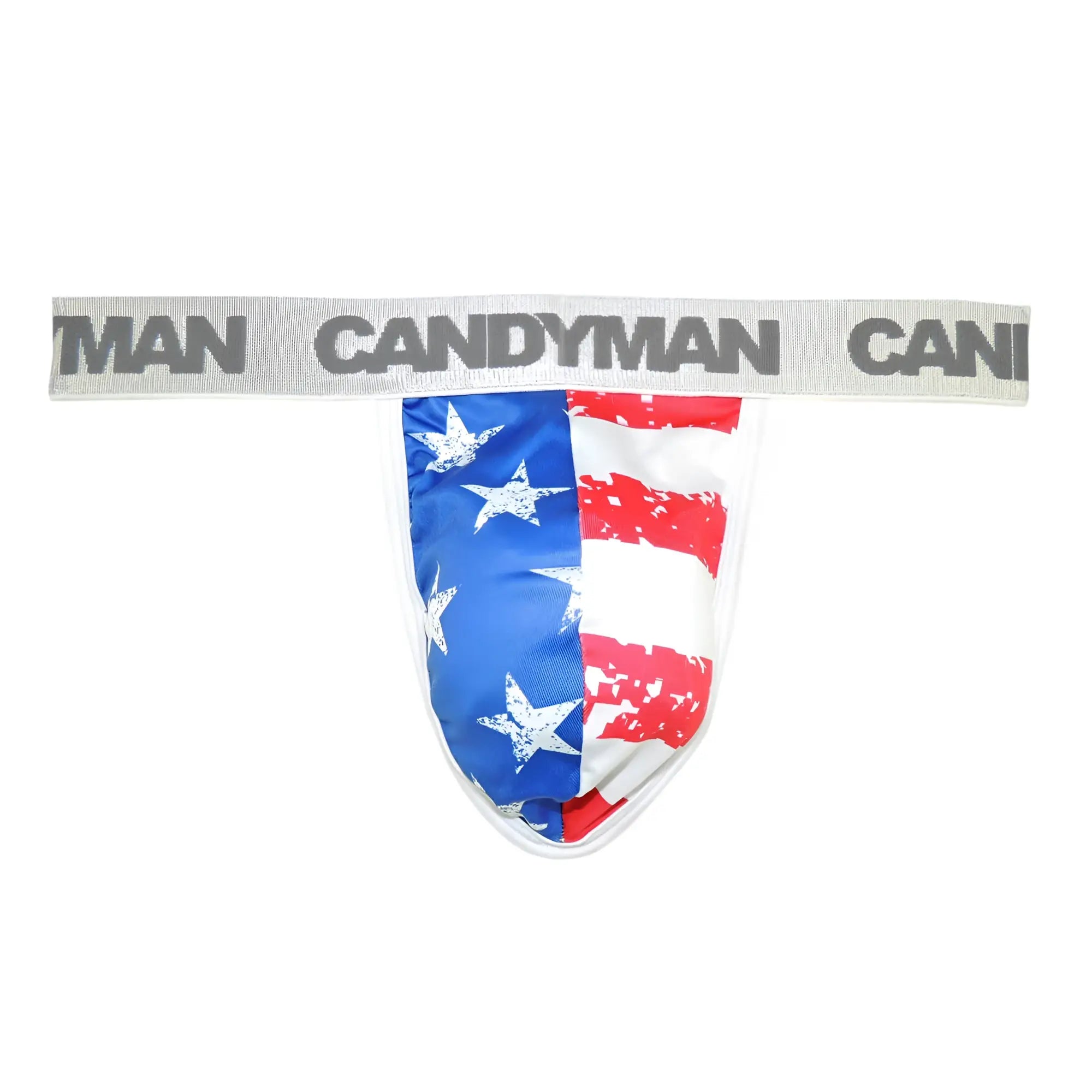 Candyman 99154 patriotic thong with american flag print and gray waistband made of distressed red white and blue fabric