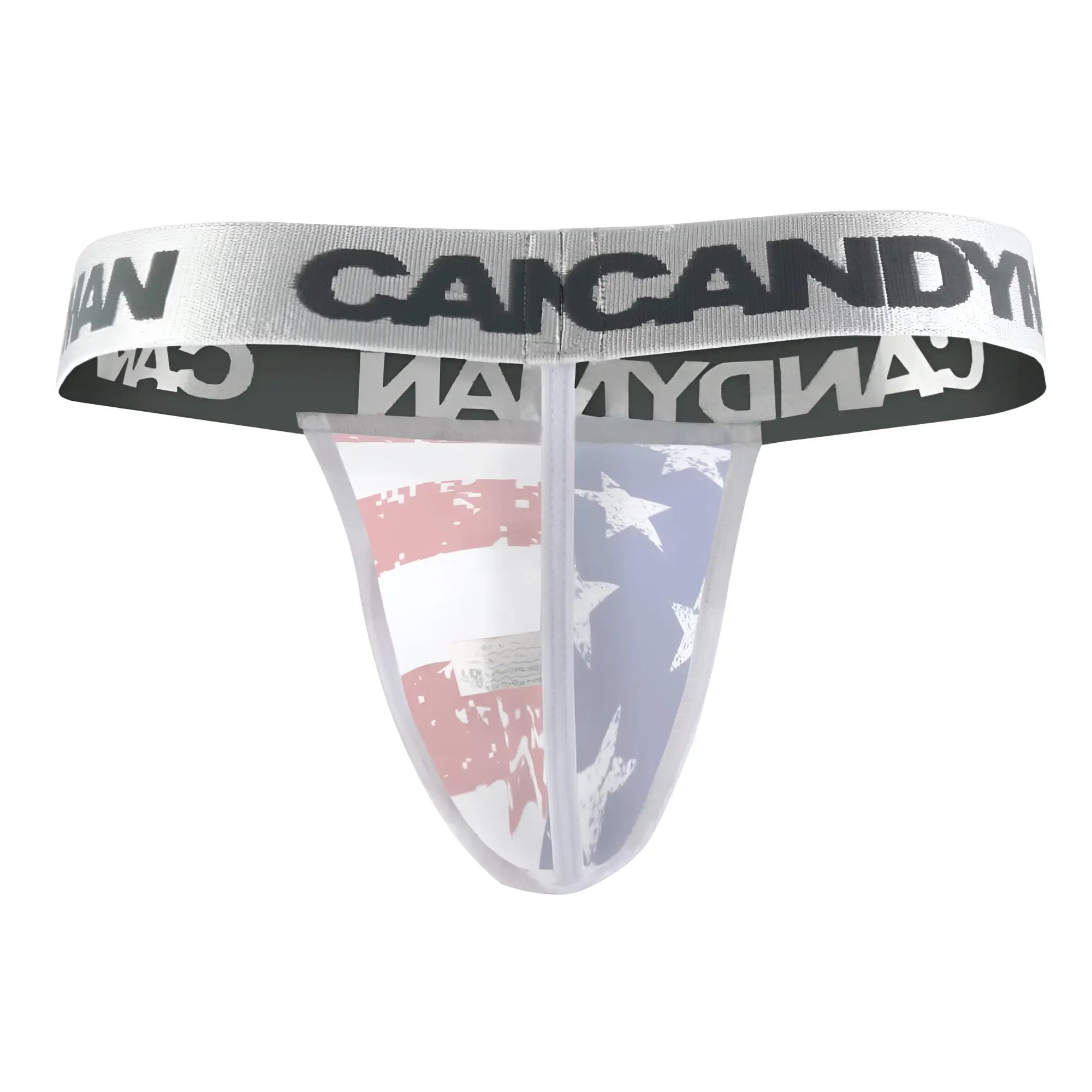 Transparent american flag-themed thong with silver can candy waistband in patriotic multicolored candy man 99154 design