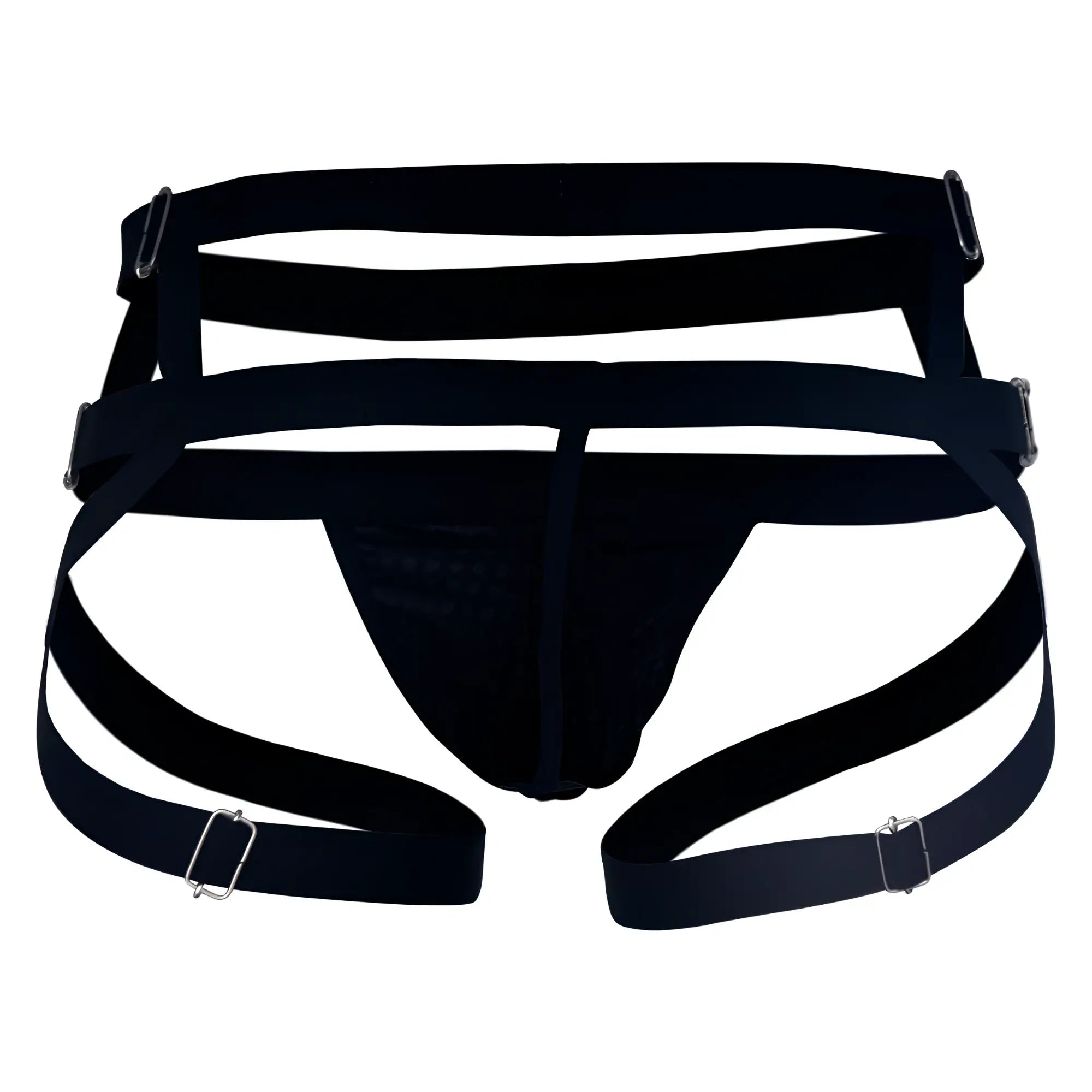 Black elastic jockstrap by candyman featuring silver toned metal buckles for adjustable fit