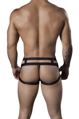 Black leather harness-style briefs with adjustable straps and metal buckles candyMan 99242 jockstrap color black