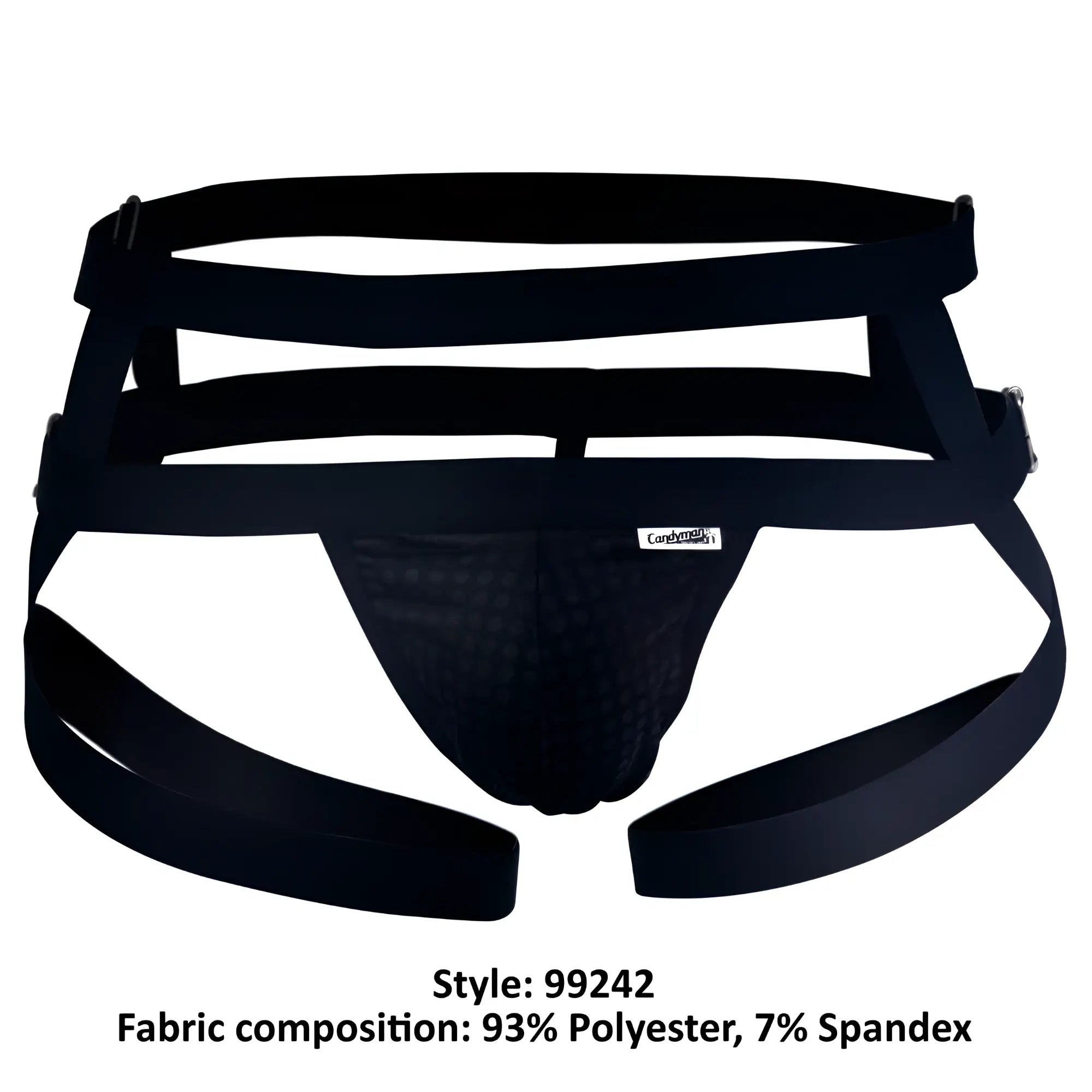 Black candyman 99242 jockstrap with supportive multi-strap design and mesh paneling for athletic use