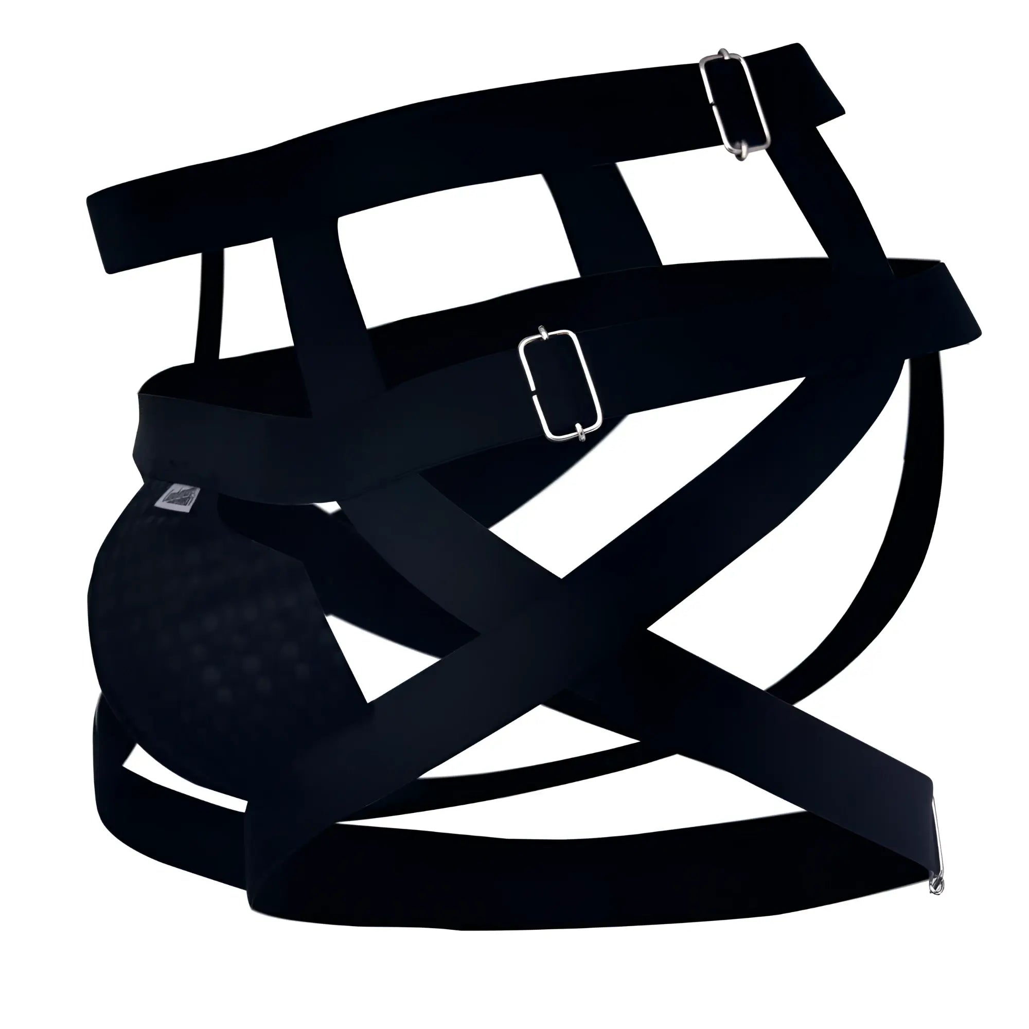 Black mesh athletic support jockstrap with adjustable straps and silver metal buckles by candyman 99242