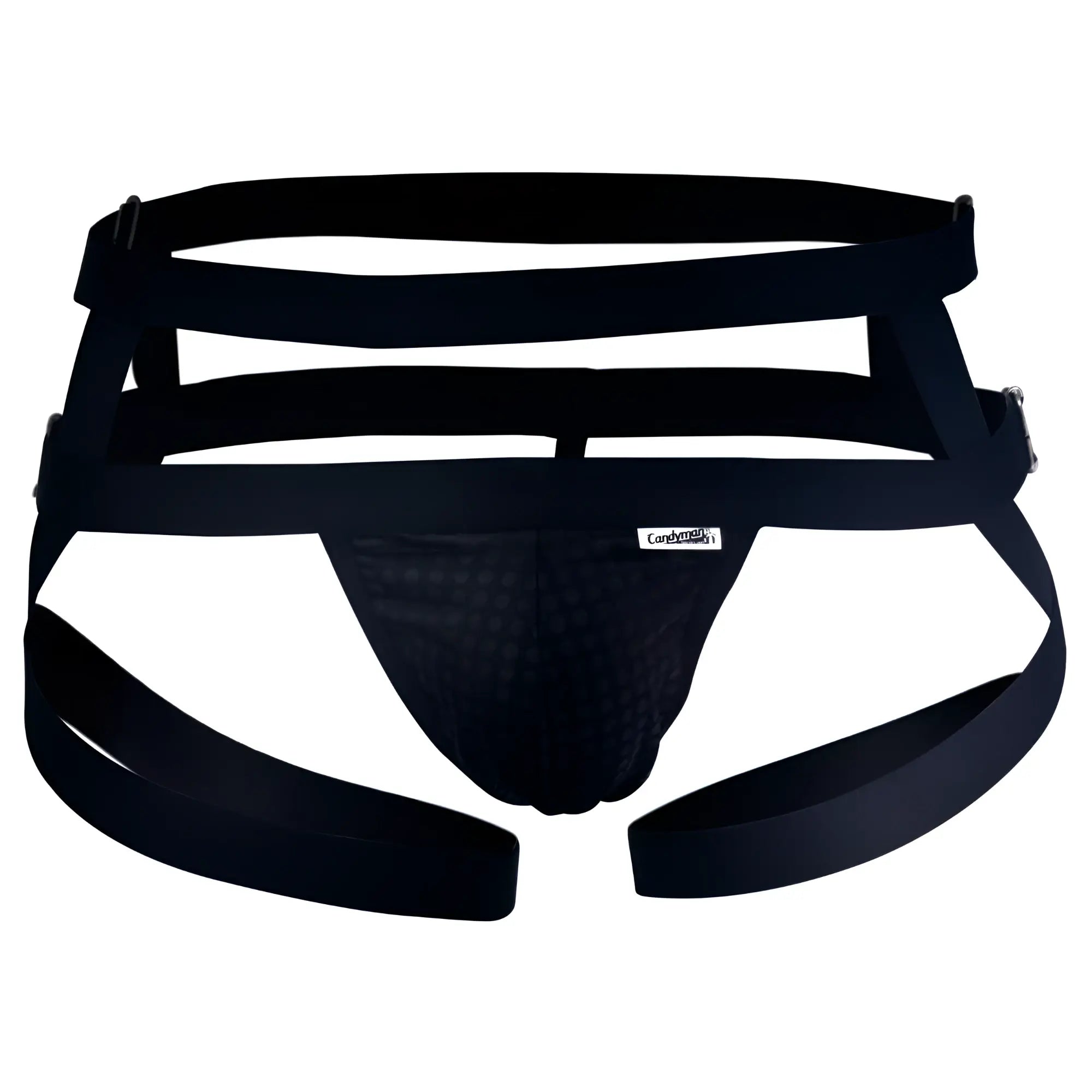 Black mesh briefs candy man 99242 jockstrap with supportive multi-strap design and adjustable buckles