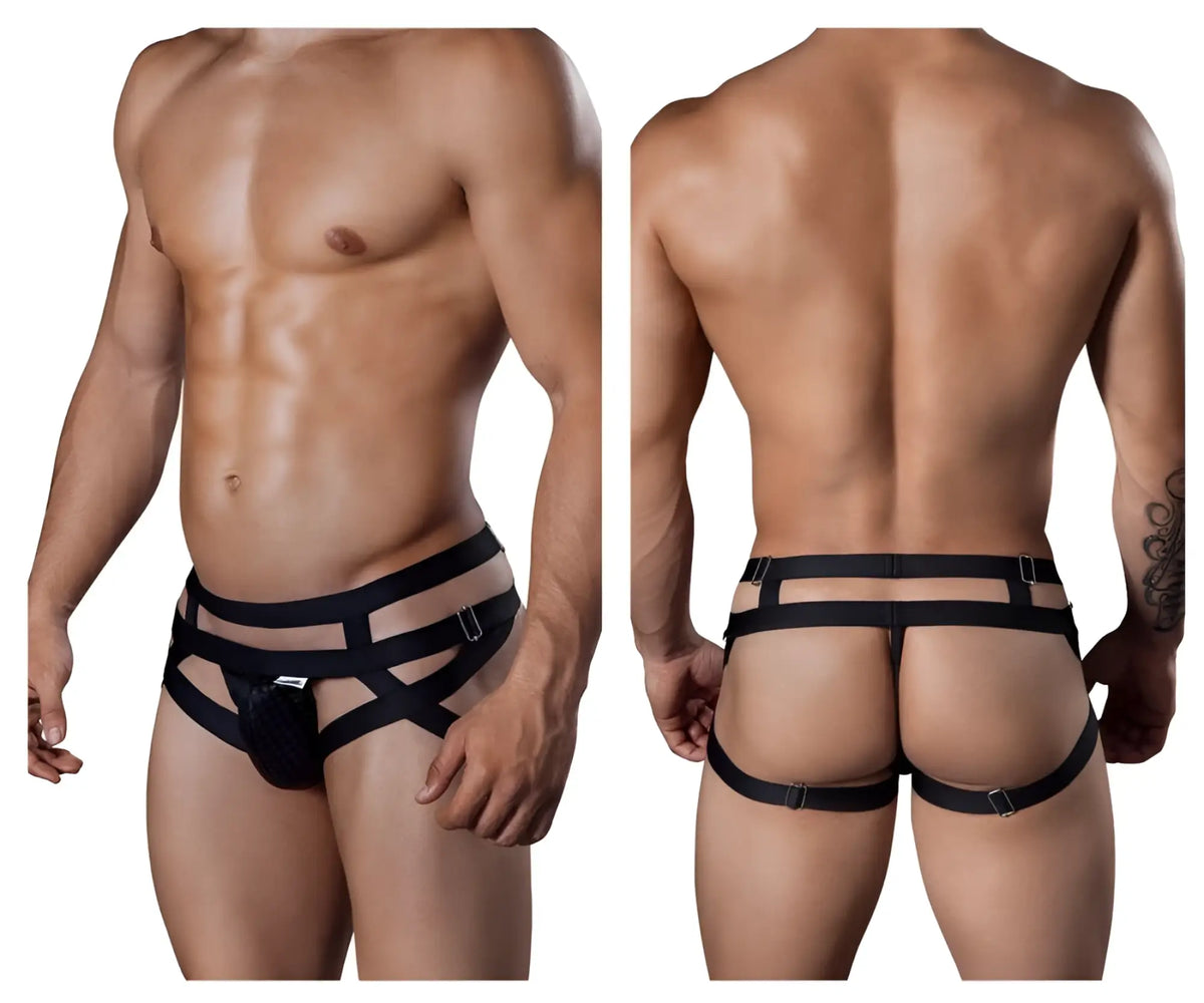 Black strappy harness-style briefs candyMan 99242 jockstrap with sleek modern design and supportive fit
