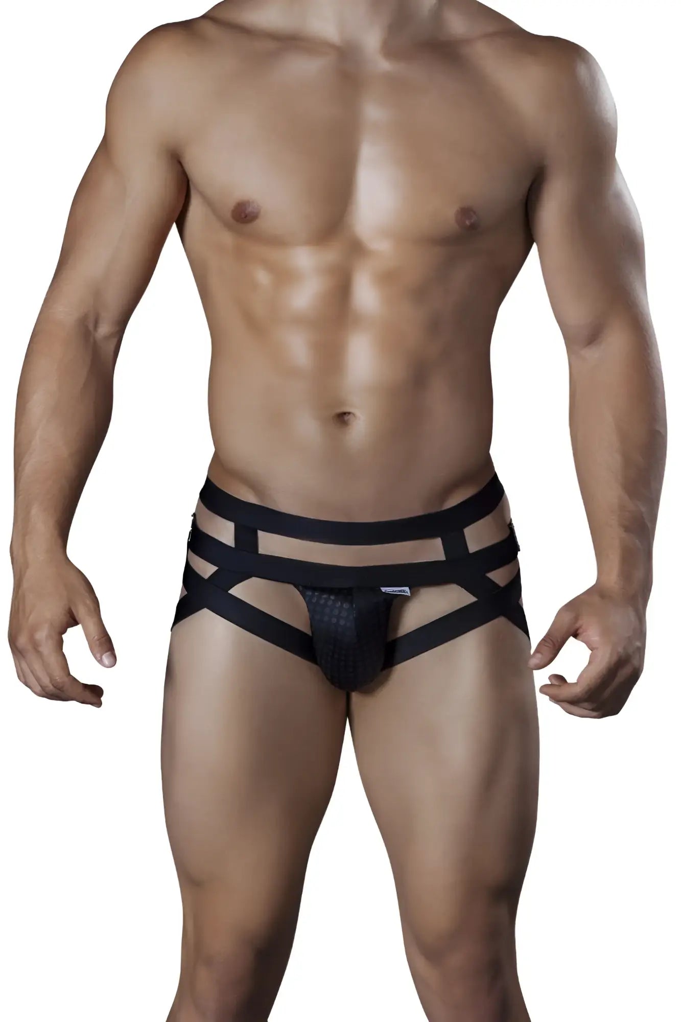 Black Candyman 99242 jockstrap briefs with a textured front panel and multiple horizontal straps for support