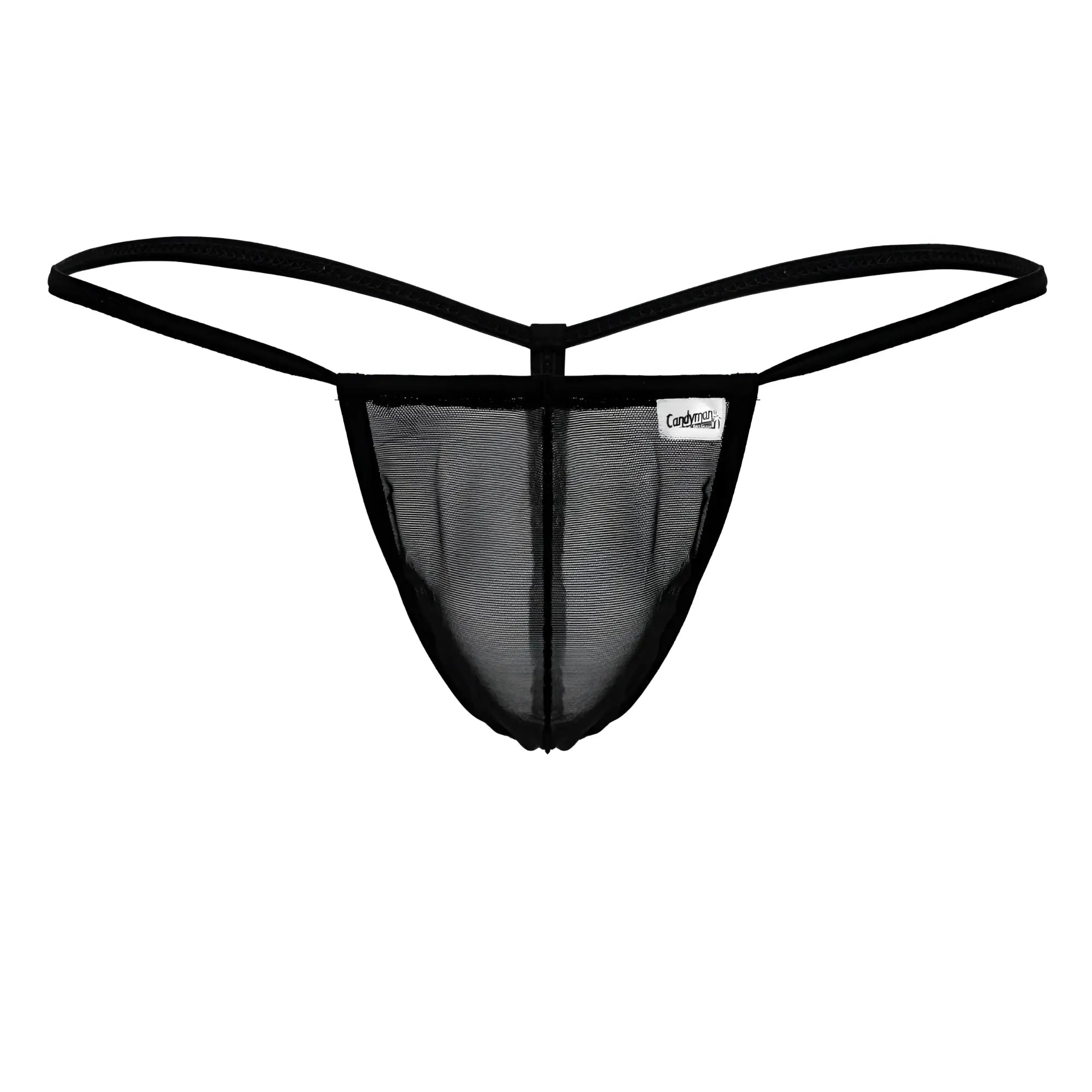Black mesh thong g-string with thin elastic straps and a branded label from candyman 99246 thongs collection